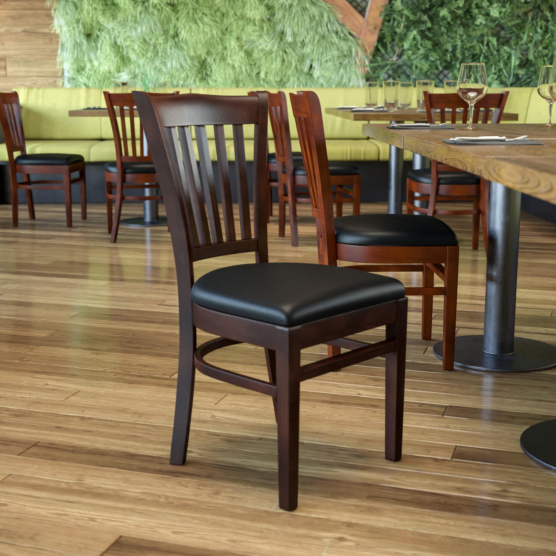 Vertical Slat Back Walnut Wood Restaurant Chair - Black Vinyl Seat
