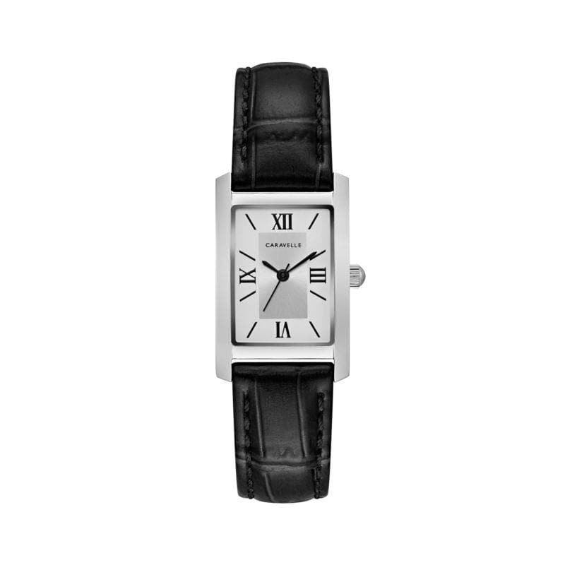 Caravelle Ladies Rectangular Black Leather Strap Watch