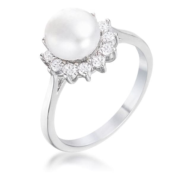 Rhodium Plated Pearl and CZ Ring