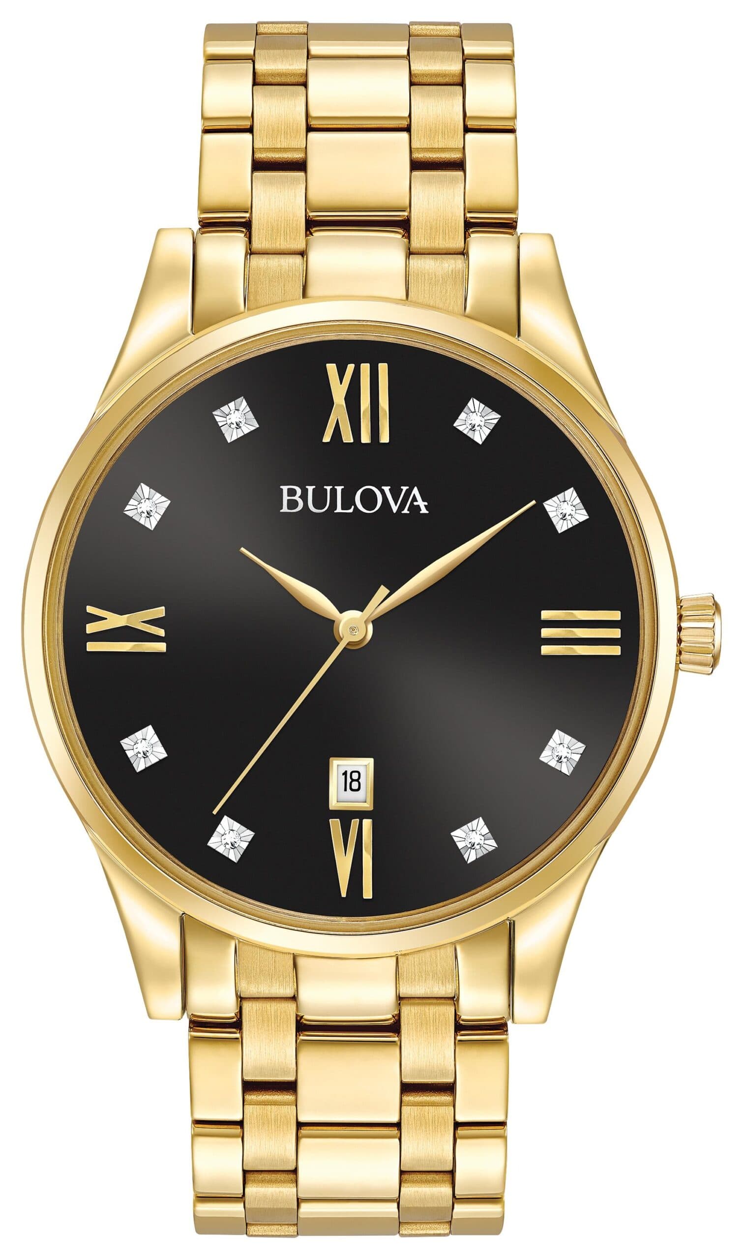 Mens Diamond Gold-Tone Stainless Steel Watch Black Dial