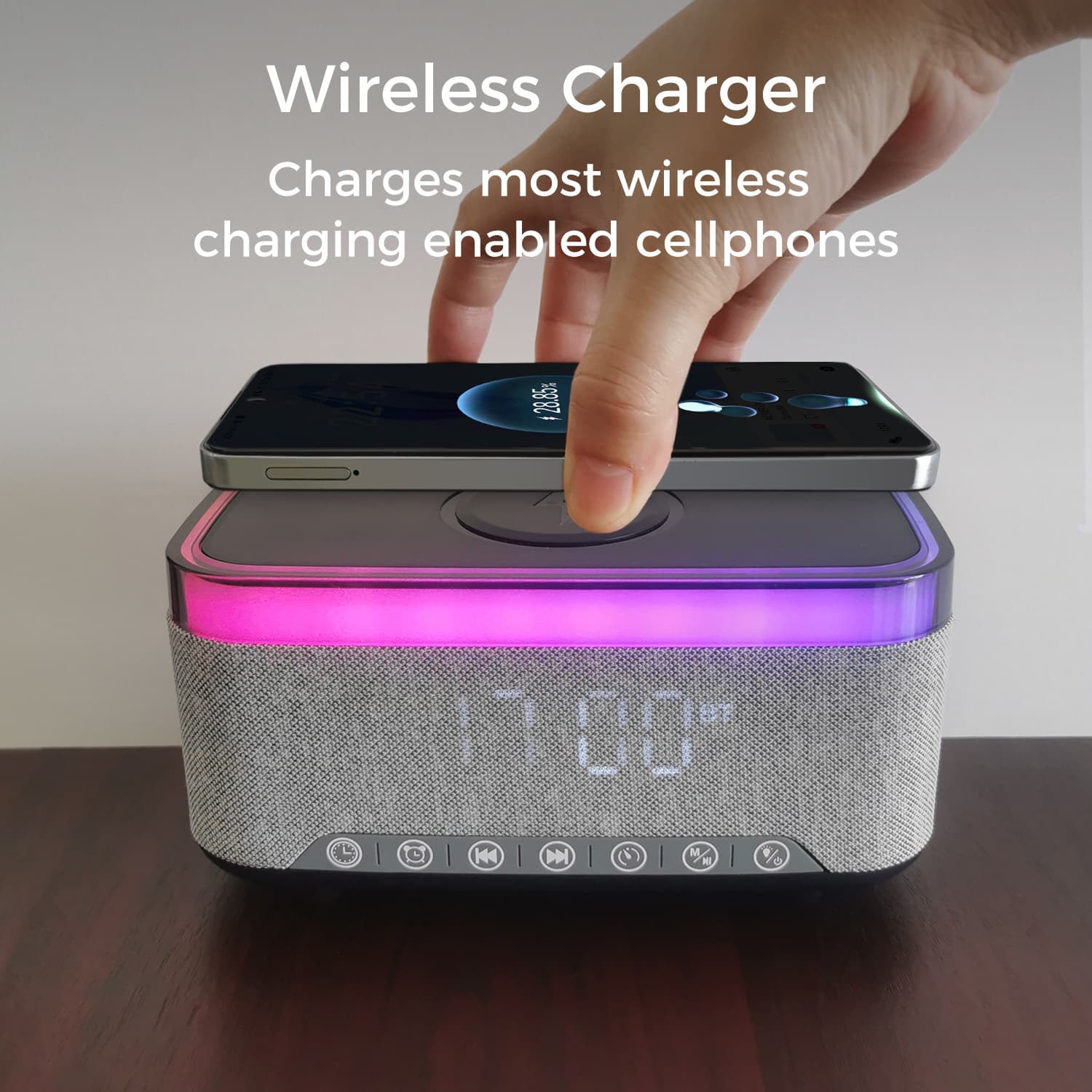 Bluetooth Speaker Alarm Clock w/ 15W Fast Wireless Charging, 13 Night Light modes, Rechargeable Battery, 10W Stereo Speaker, 12/24H Digital Clock, Sleep Timer, White Noise Mode, US