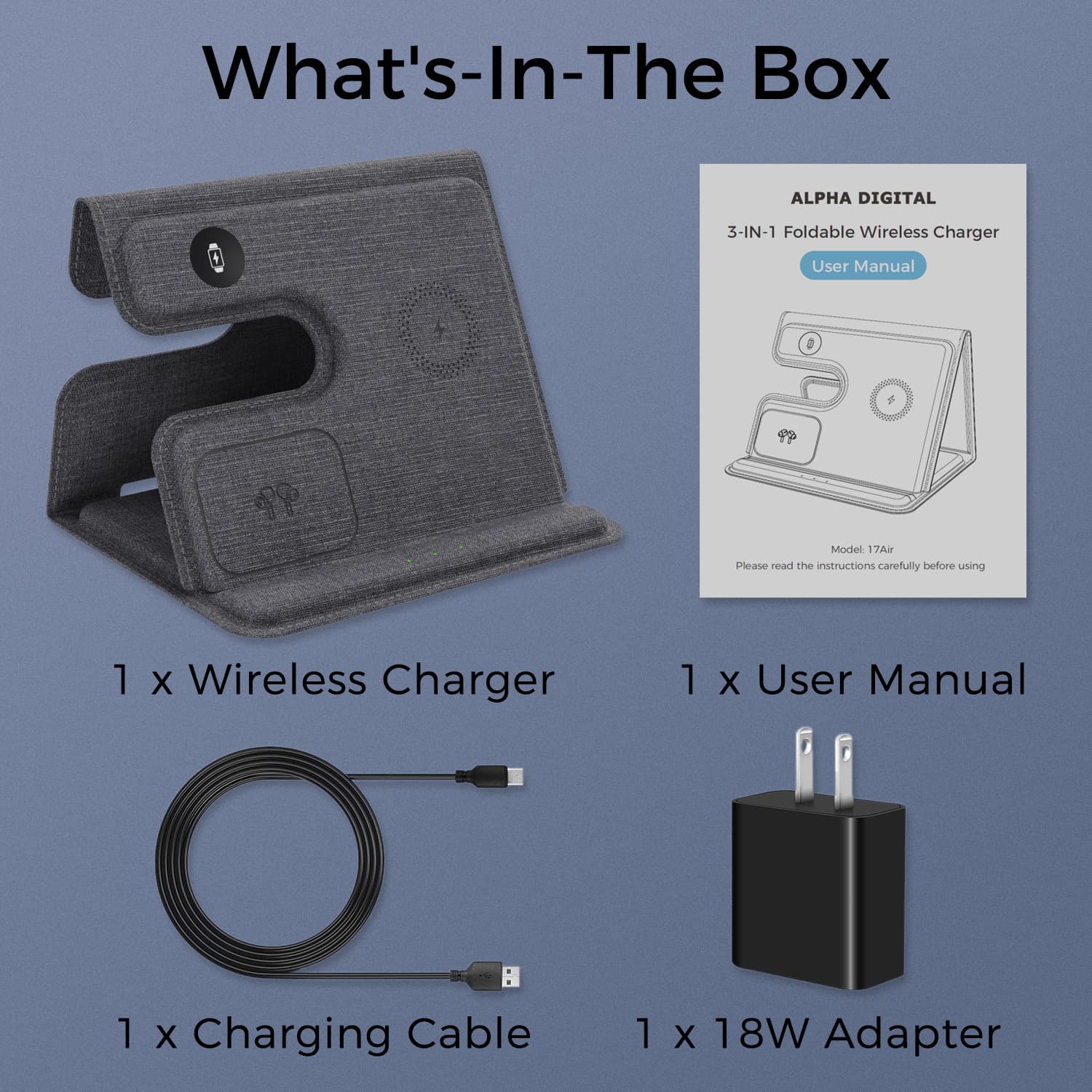 3 in 1 Wireless Charger Stand for iPhone/Smartphone, Airpods/Earbuds, and Smartwatch