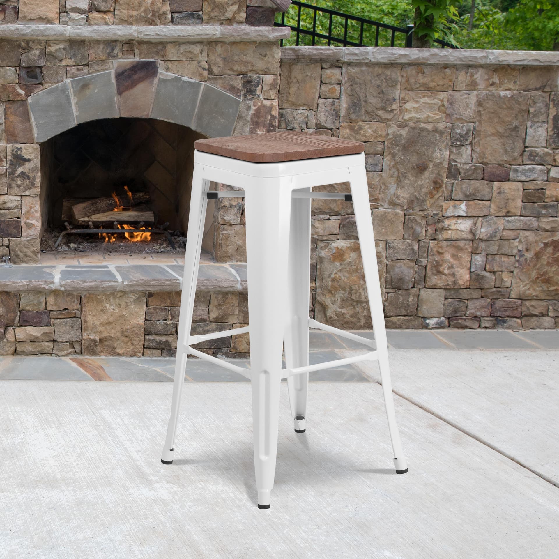 30" High Backless White Metal Barstool with Square Wood Seat - Kitchen Furniture