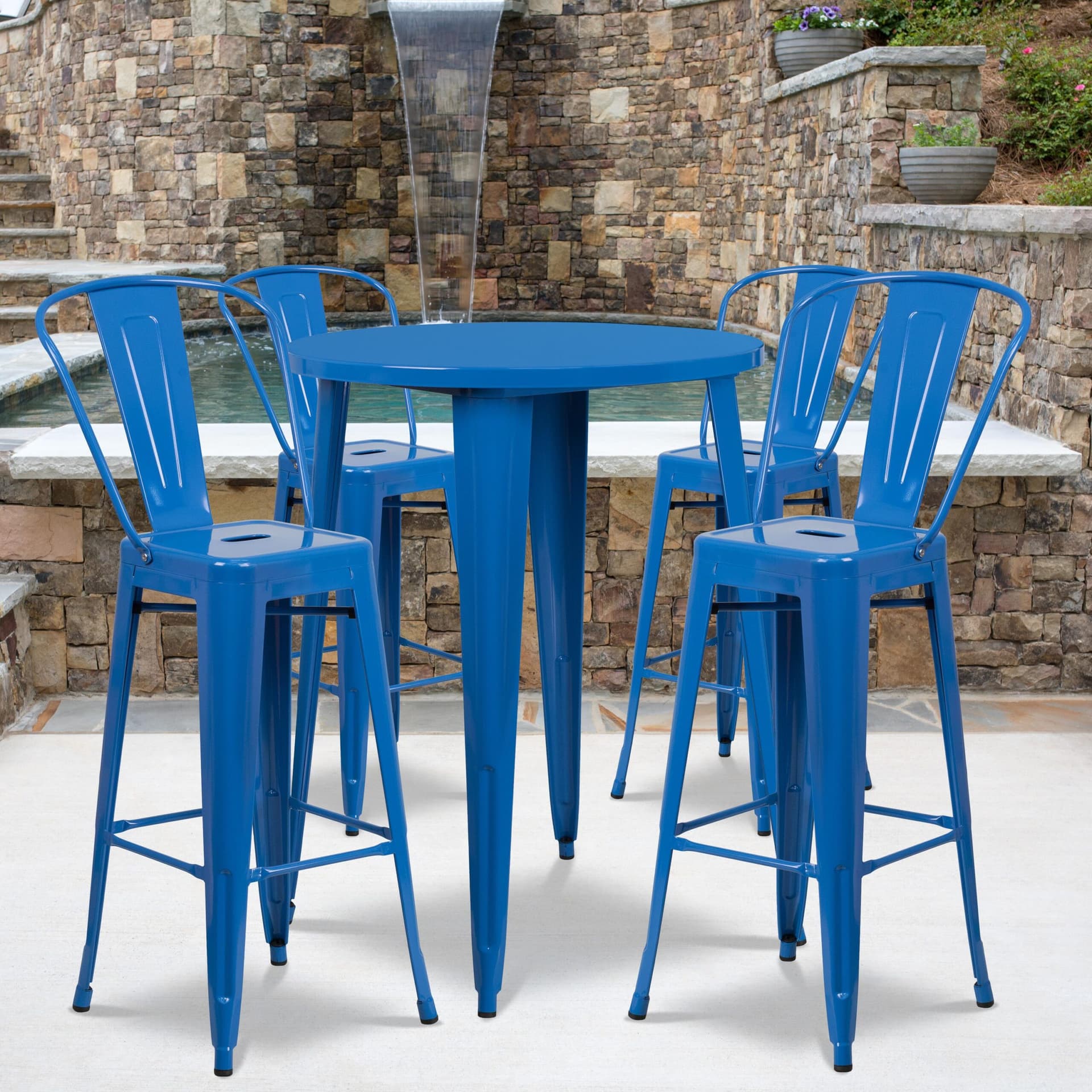 30" Round Blue Metal Indoor-Outdoor Bar Table Set with 4 Cafe Stools
