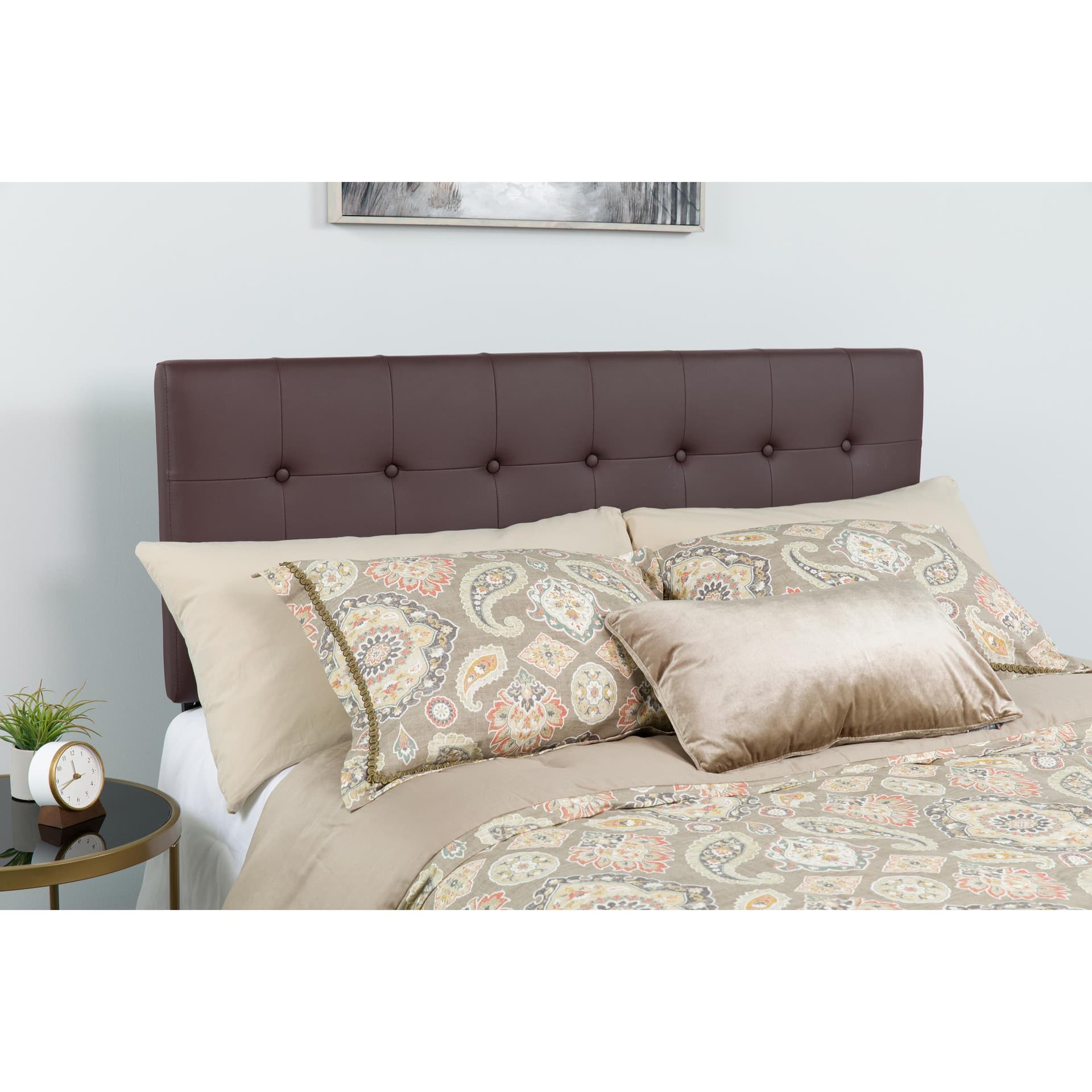 Button Tufted Upholstered Full Size Headboard in Brown Vinyl