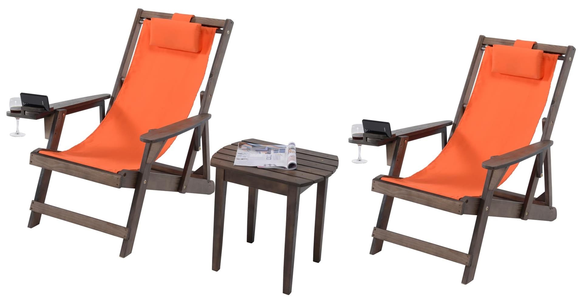 Romantic Collection - 2 Canvas Sling Chairs w/Beverage Holder & 1 End Table - Dark Brown, Orange