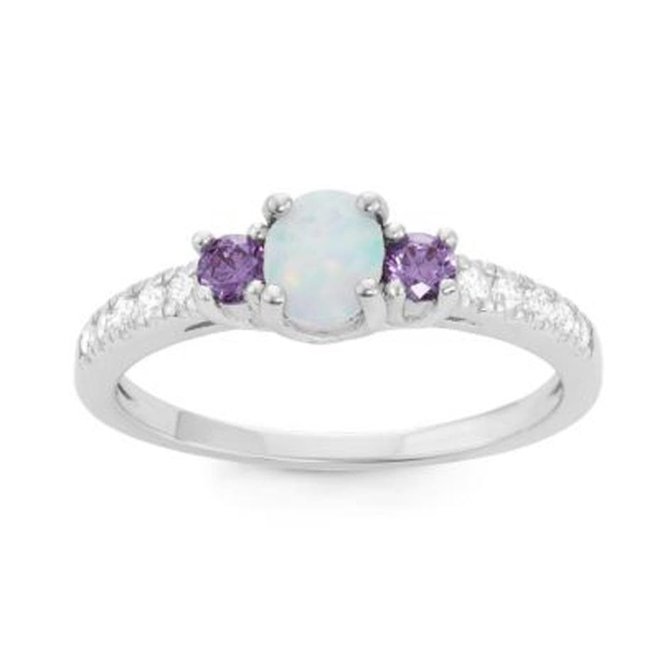 White Oval Inlay Opal Ring w/ Amethyst & Cubic Zirconia Accents, Size 7