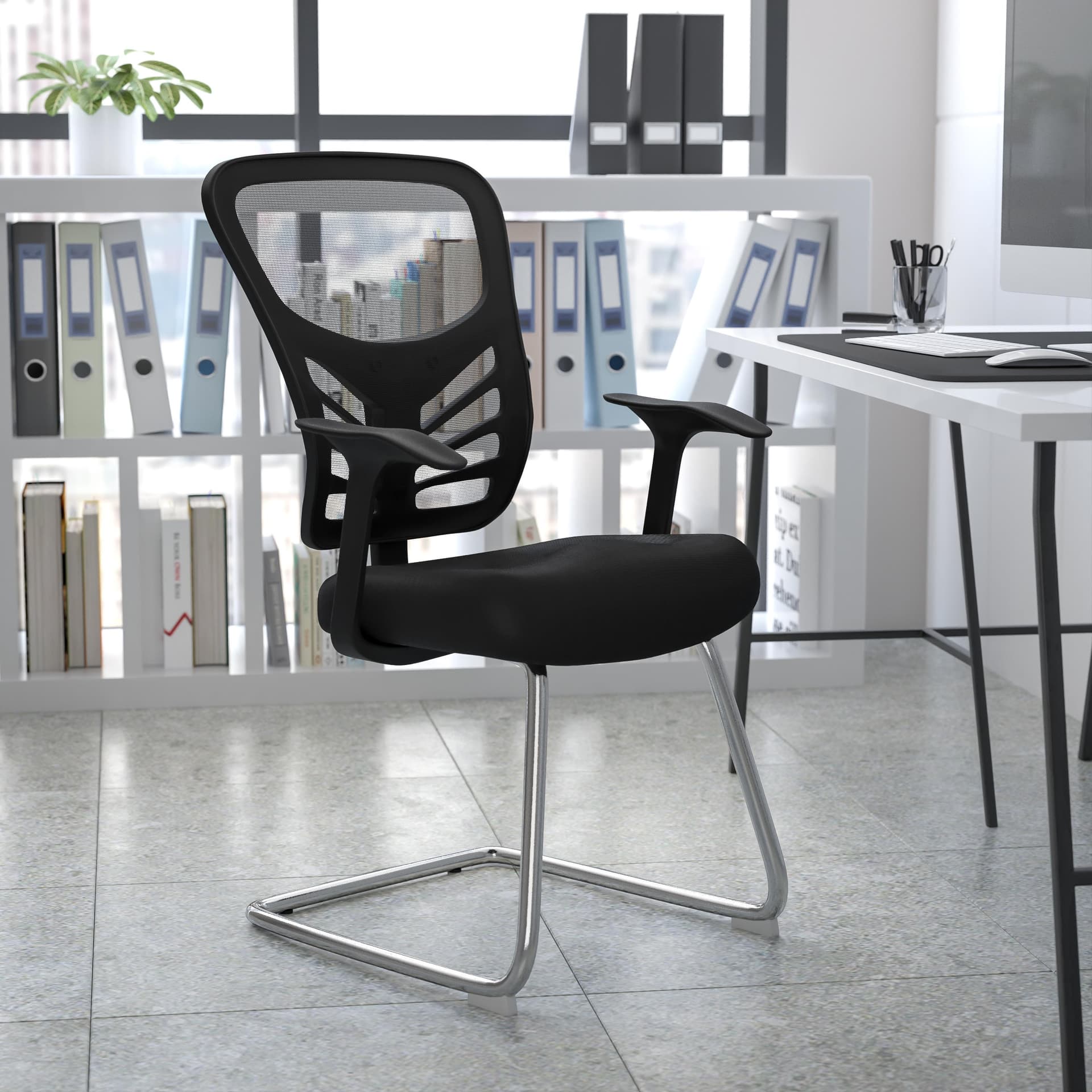 Black Mesh Side Reception Chair with Chrome Sled Base