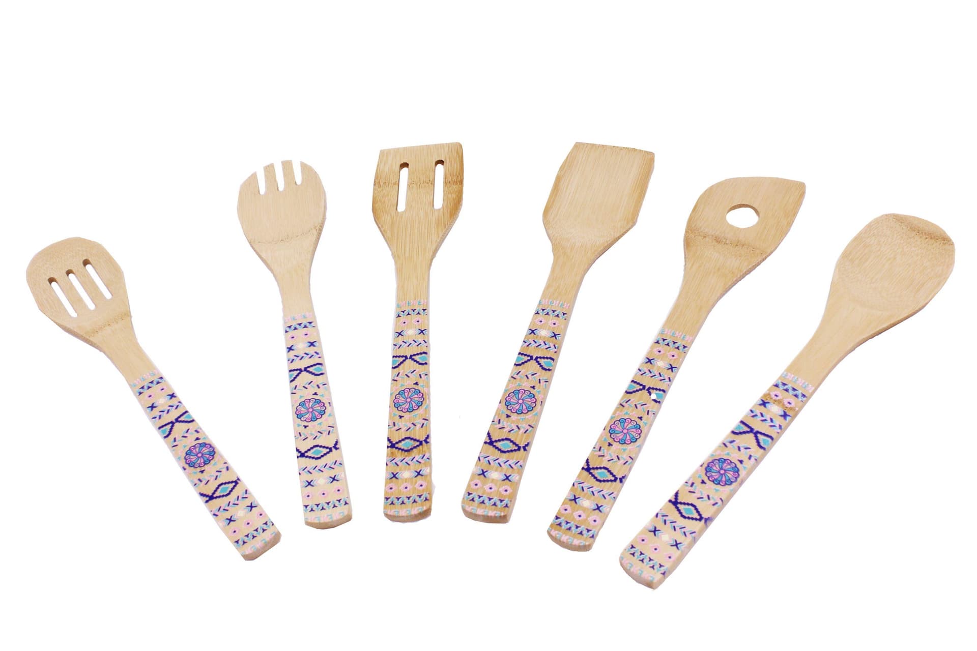 Patterned Bamboo 6Pc Utensil Set, Blue