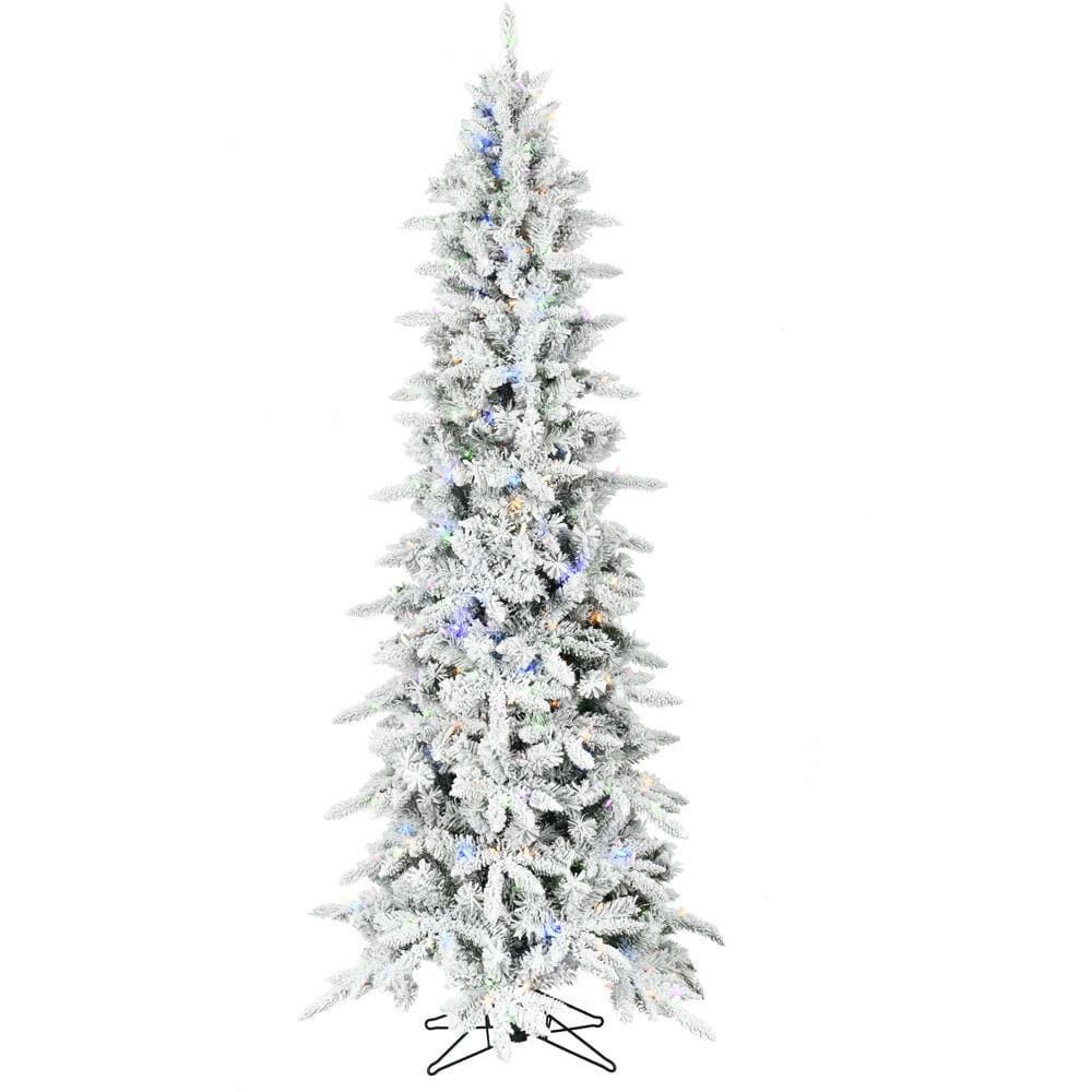 Fraser Hill Farm 7.5-Ft Slim Mountain Pine Flocked Artificial Christmas Tree with Dual Multicolor &