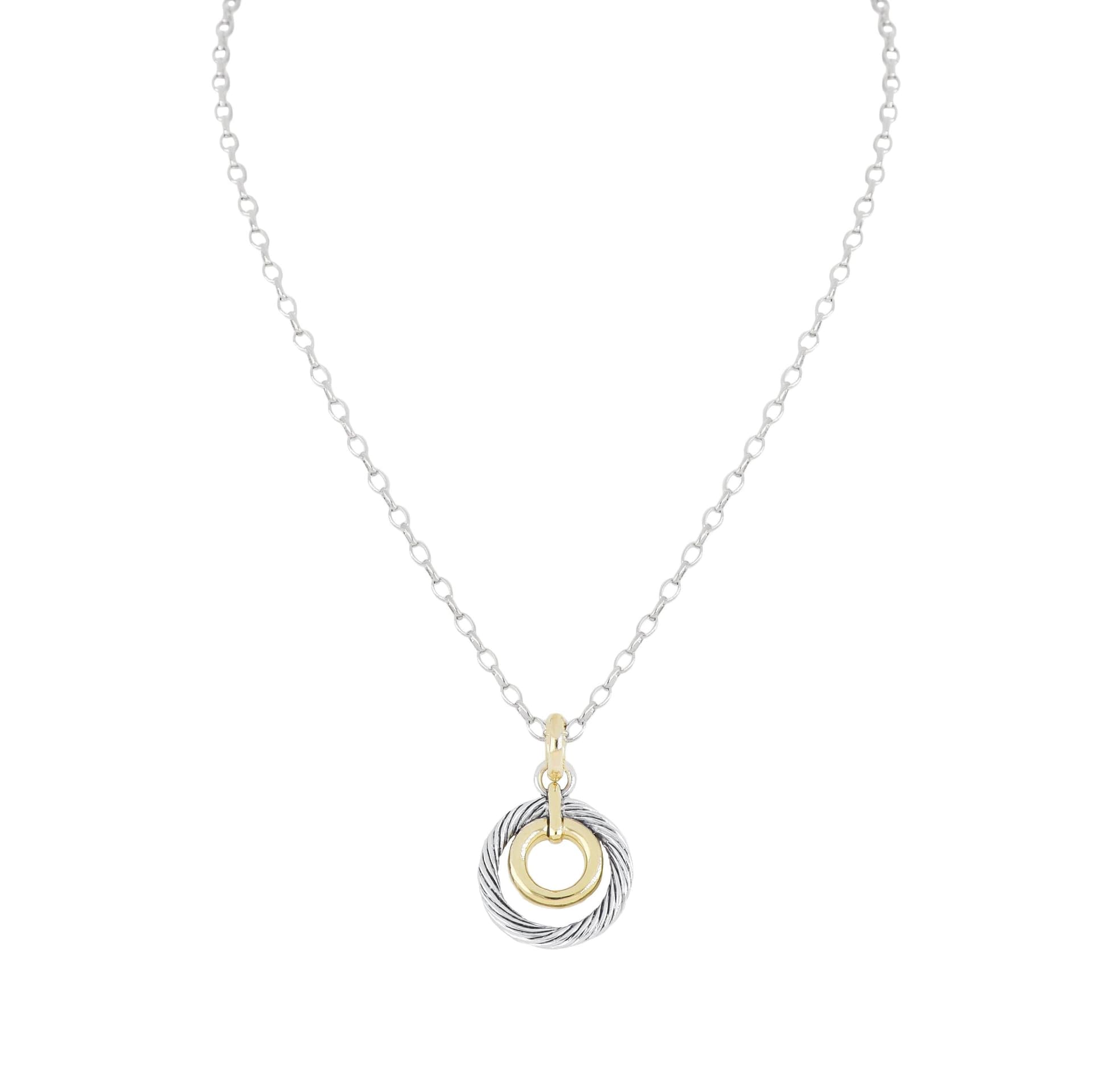 Cordo Circle in Gold Inset with Rhodium Twisted wire Inset Necklace Two Tone 16-18" Chain