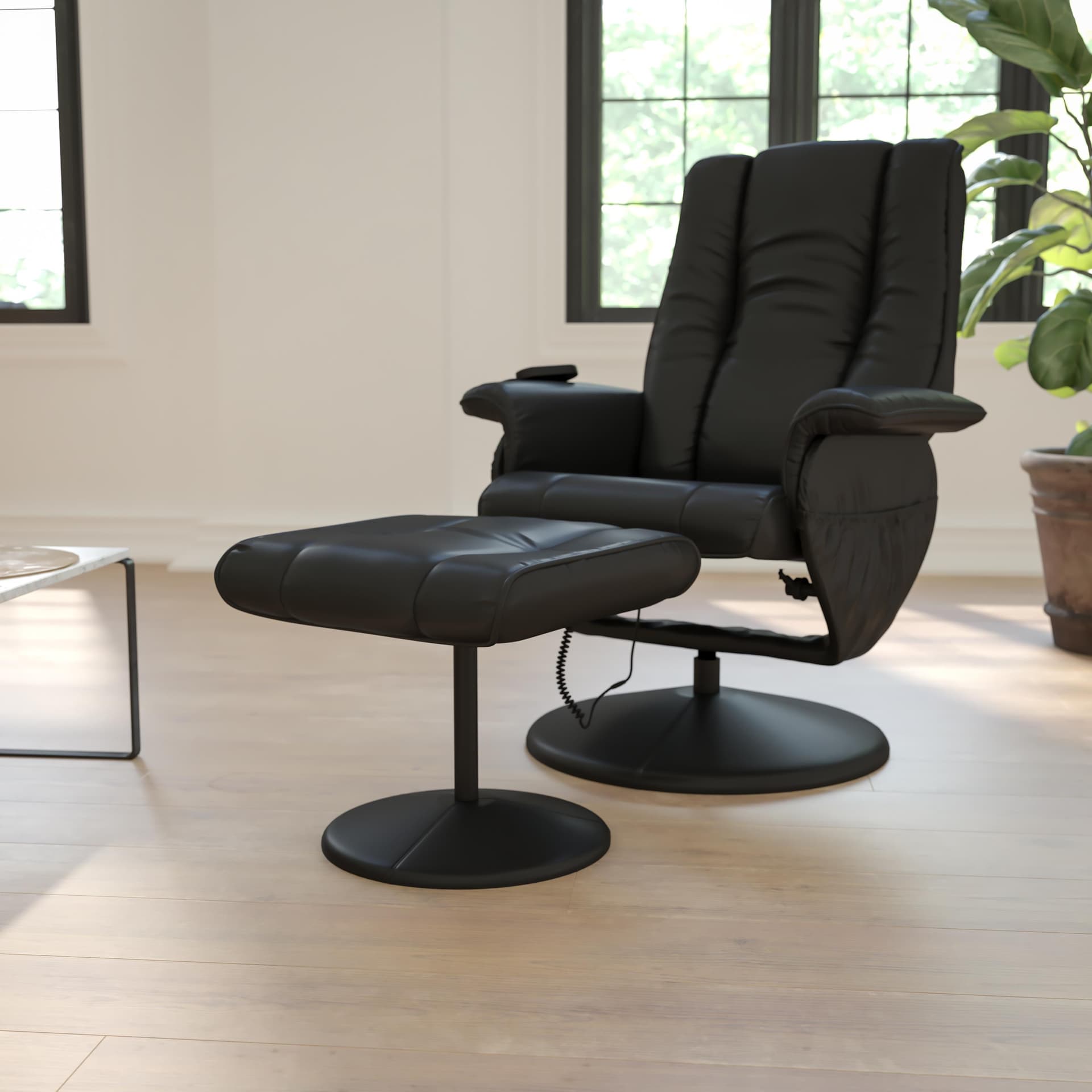 Massaging and Heat Controlled Recliner & Ottoman Set in Black LeatherSoft