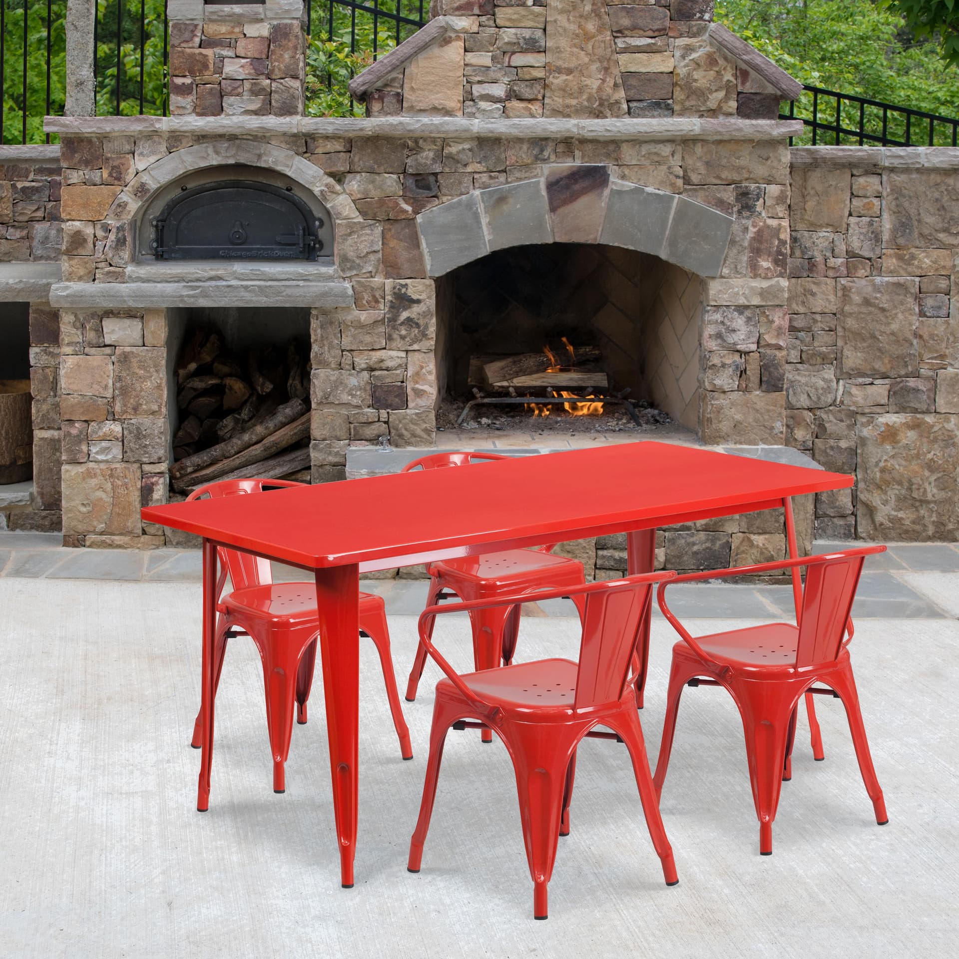 31.5" x 63" Rectangular Red Metal Indoor-Outdoor Table Set with 4 Arm Chairs