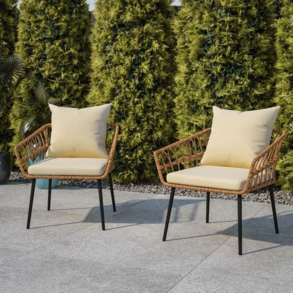All-Weather Natural PE Rattan Wicker Patio Chairs with Cream Cushions - 2 Pack