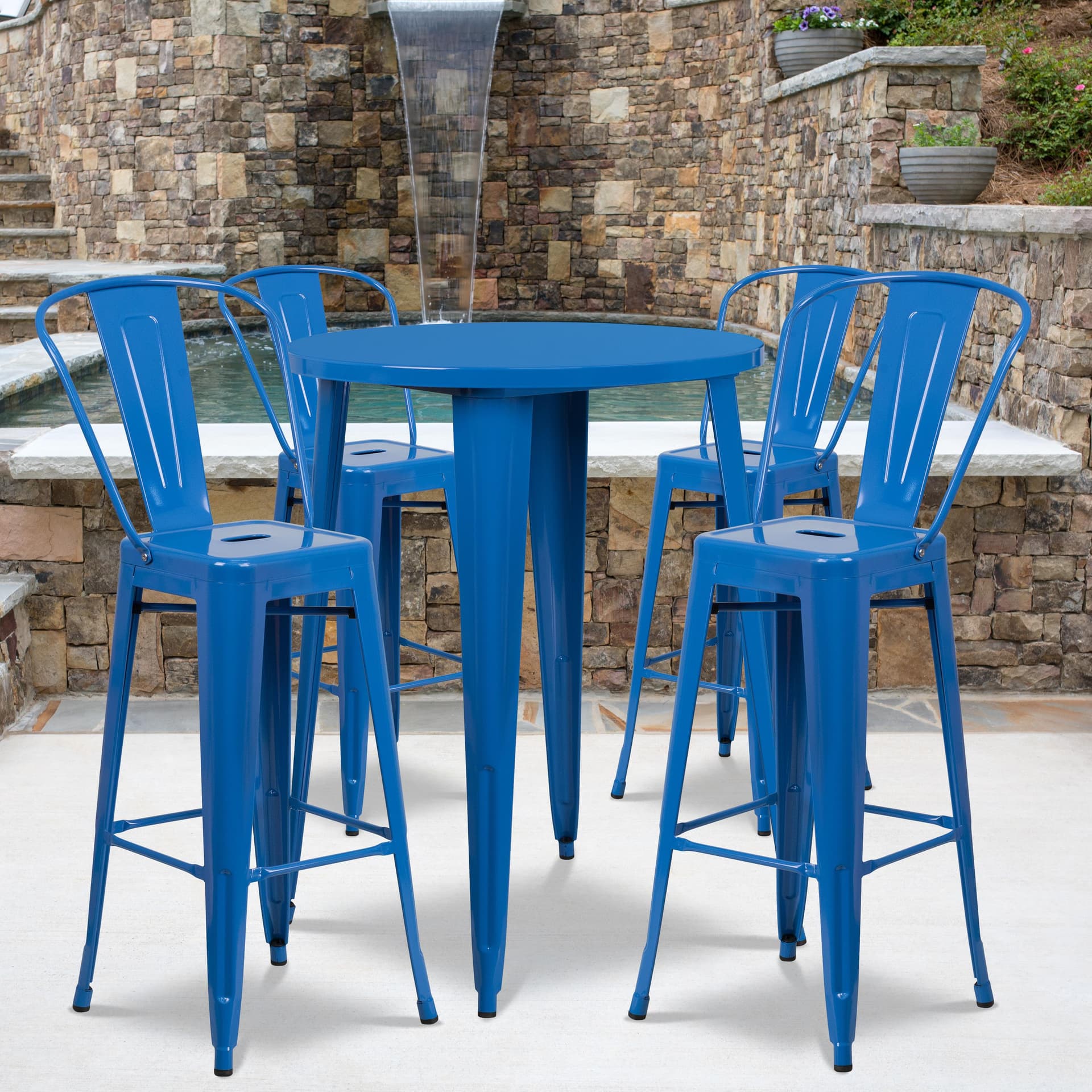 30" Round Blue Metal Indoor-Outdoor Bar Table Set with 4 Cafe Stools