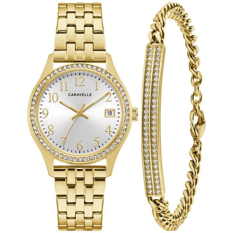 Caravelle Ladies Boxed Set Gold Tone Watch Silver White Dial