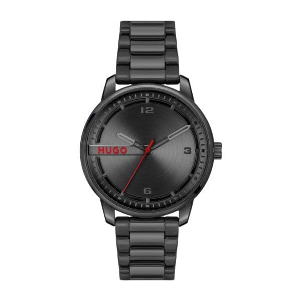 Hugo #Stamp Gents. Black IP Case & bracelet. Black Dial.