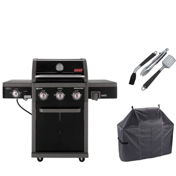 Revolution Grilling Kit with 3-Burner Propane Gas BBQ Grill, Heavy-Duty Cover, and 3-Piece Tool Set