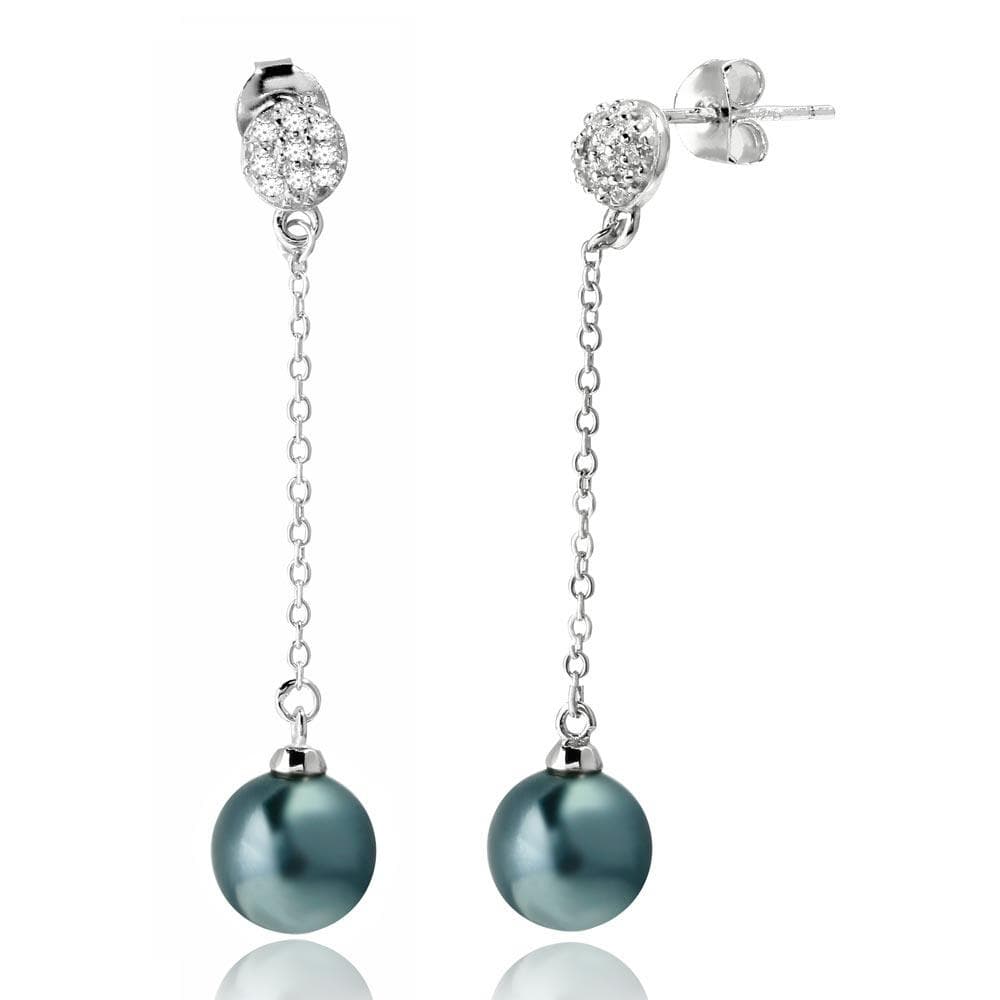 PARIKHS Rhodium Plated Half Ball CZ and Dangling Synthetic Grey Pearl Earring in 925 Sterling Silver