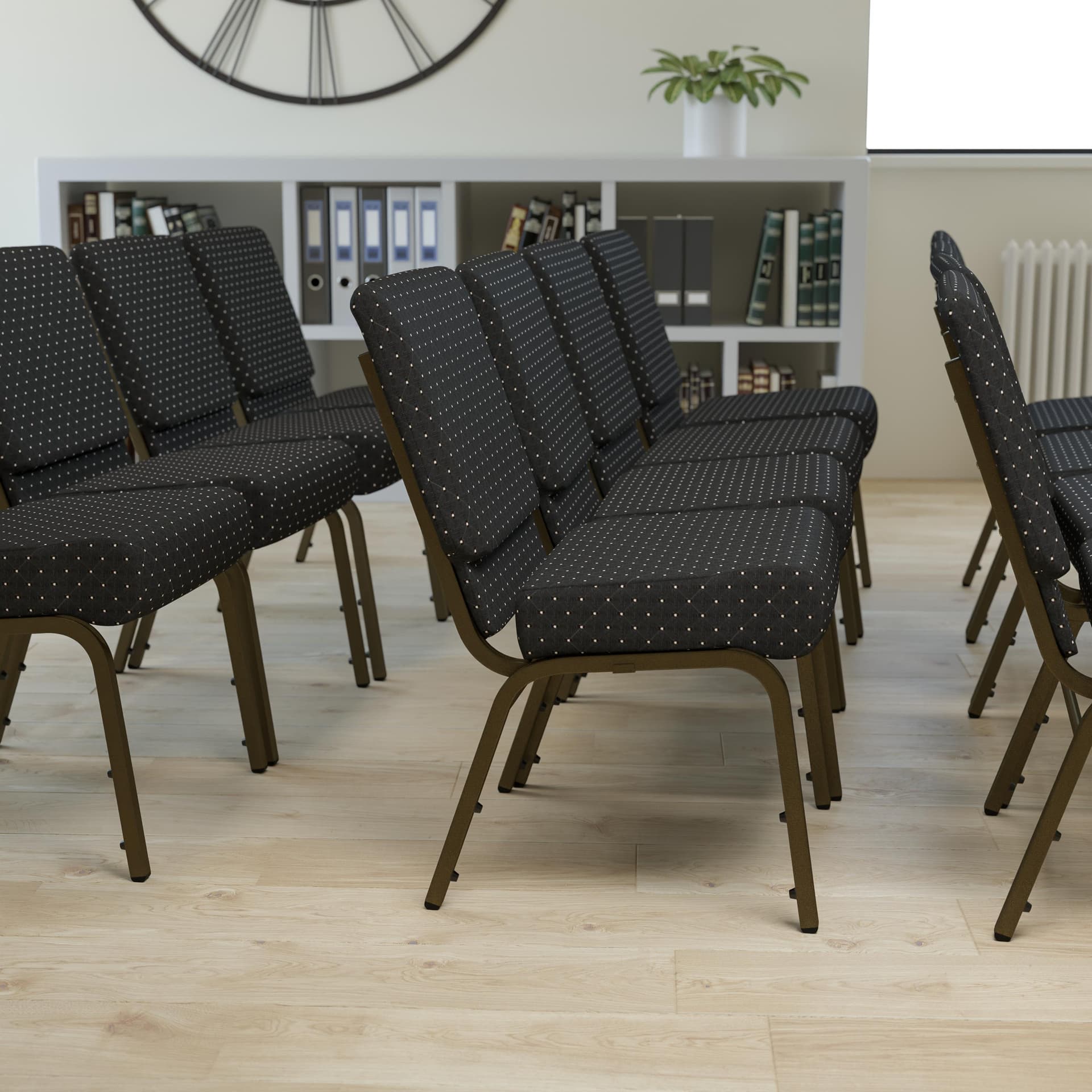 21"W Stacking Church Chair in Black Dot Patterned Fabric - Gold Vein Frame