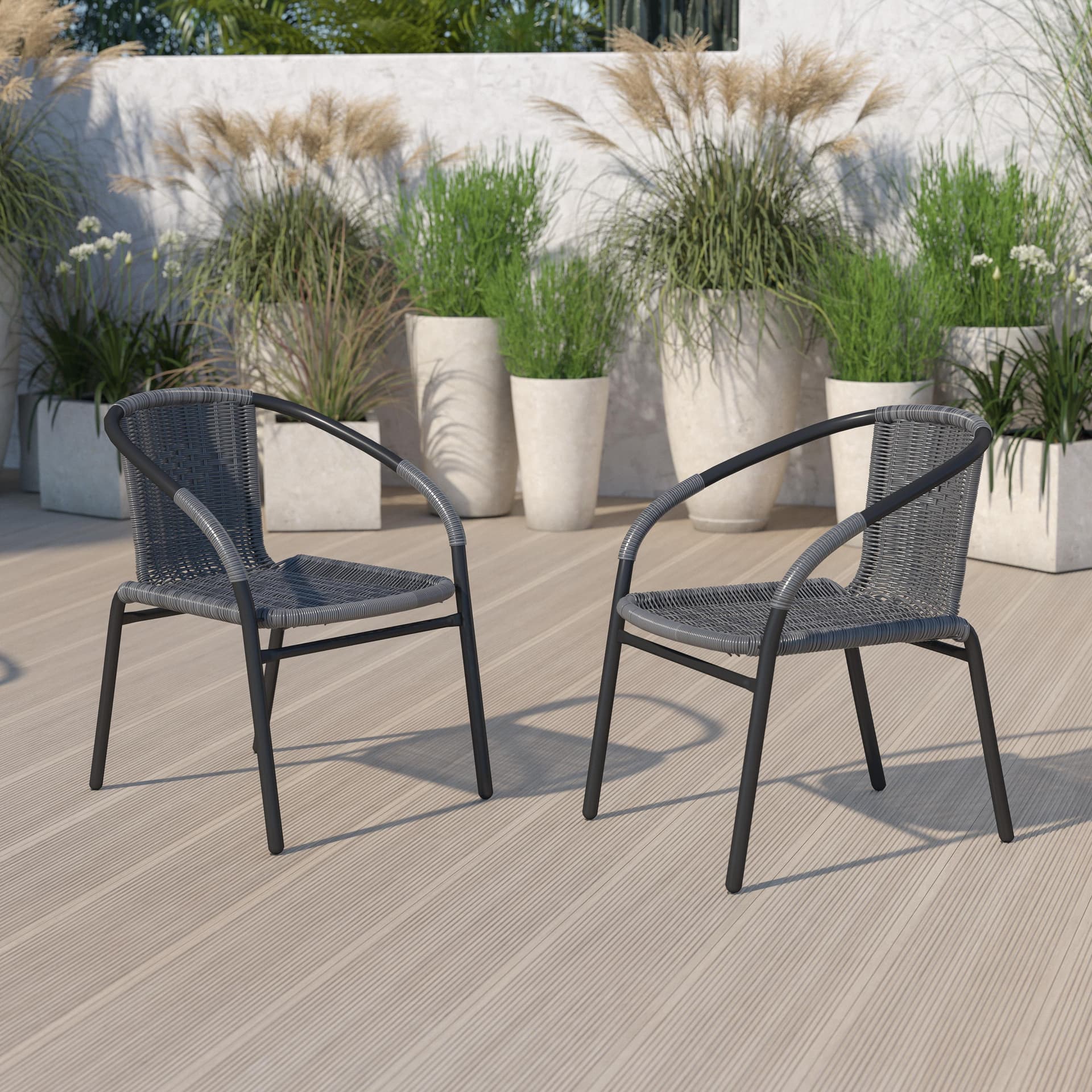 2 Pack Gray Rattan Indoor-Outdoor Restaurant Stack Chair with Curved Back
