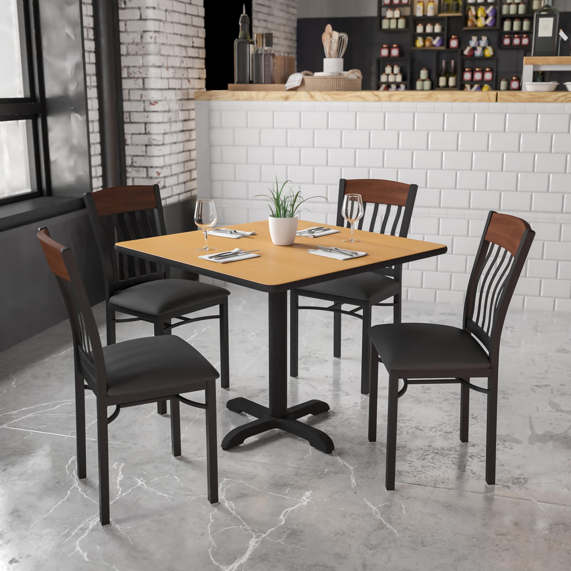 Vertical Back Black Metal and Walnut Wood Restaurant Chair with Black Vinyl Seat