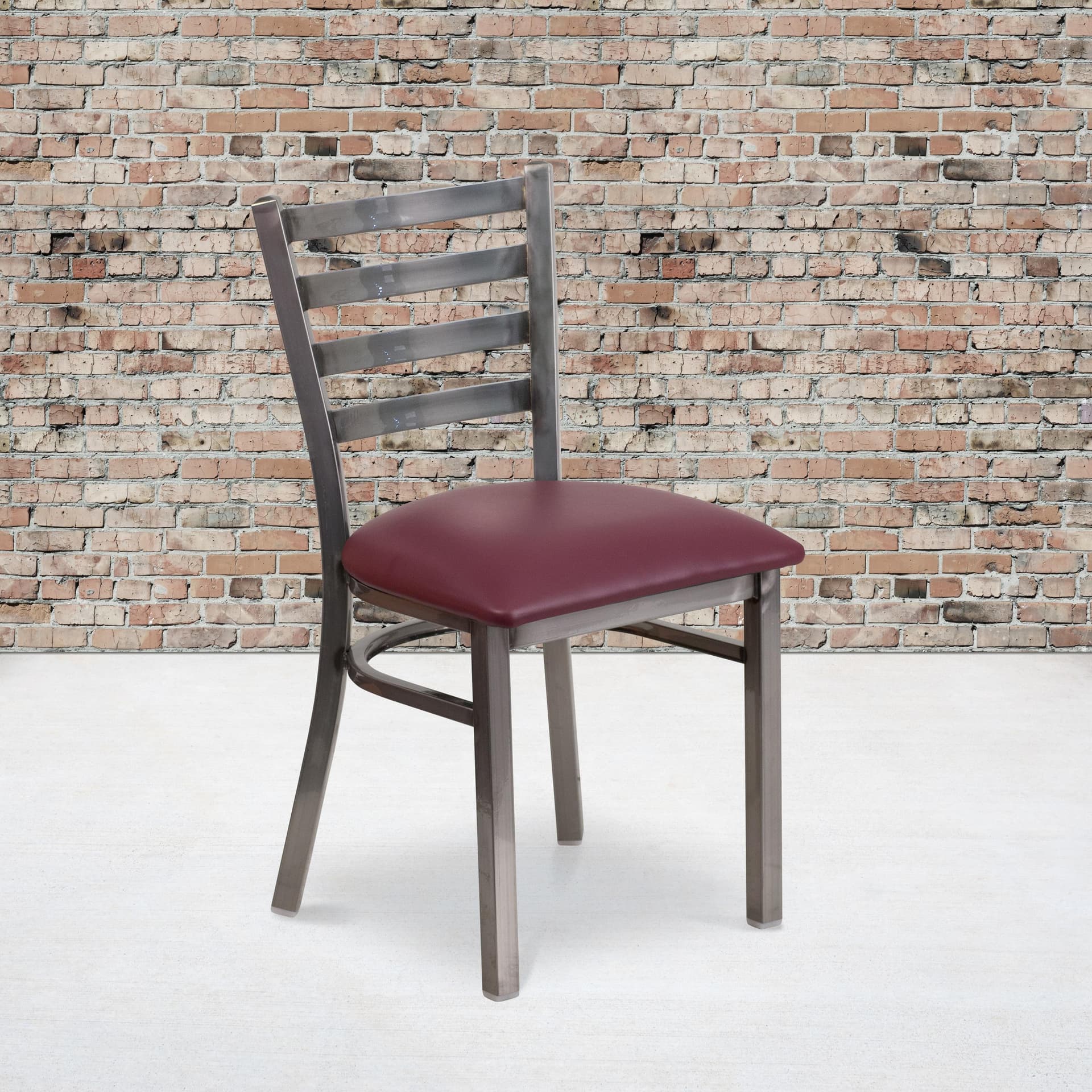 Clear Coated Ladder Back Metal Restaurant Chair - Burgundy Vinyl Seat