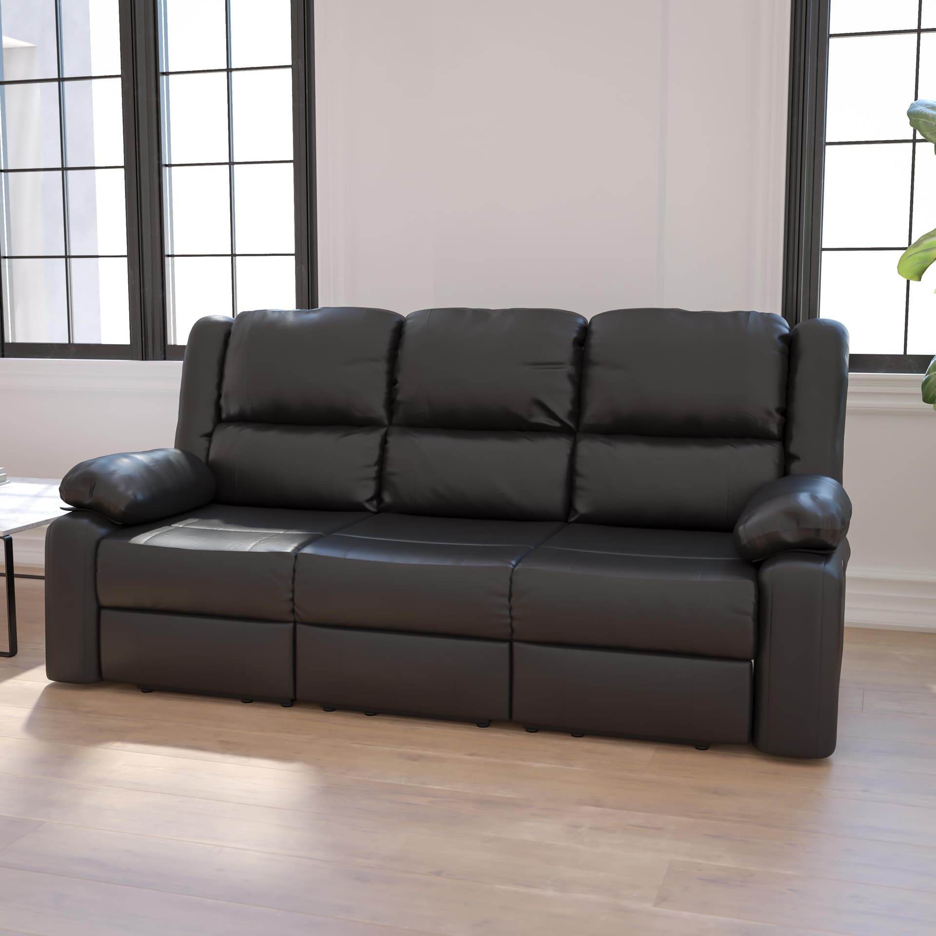 Contemporary Black LeatherSoft Pillow Back Sofa with Two Built-In Recliners