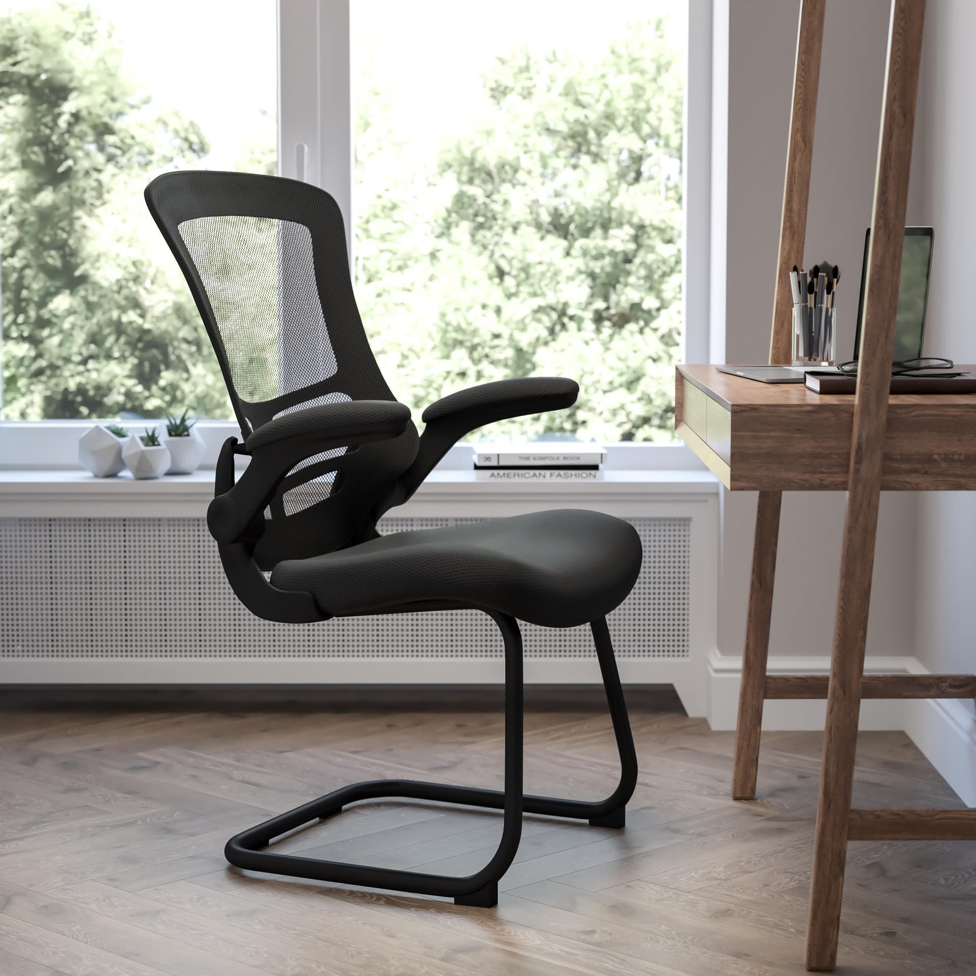 Black Mesh Sled Base Side Reception Chair with Flip-Up Arms-Office Waiting Room