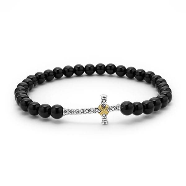 Unisex Onyx Cross Beaded Stretch Bracele
