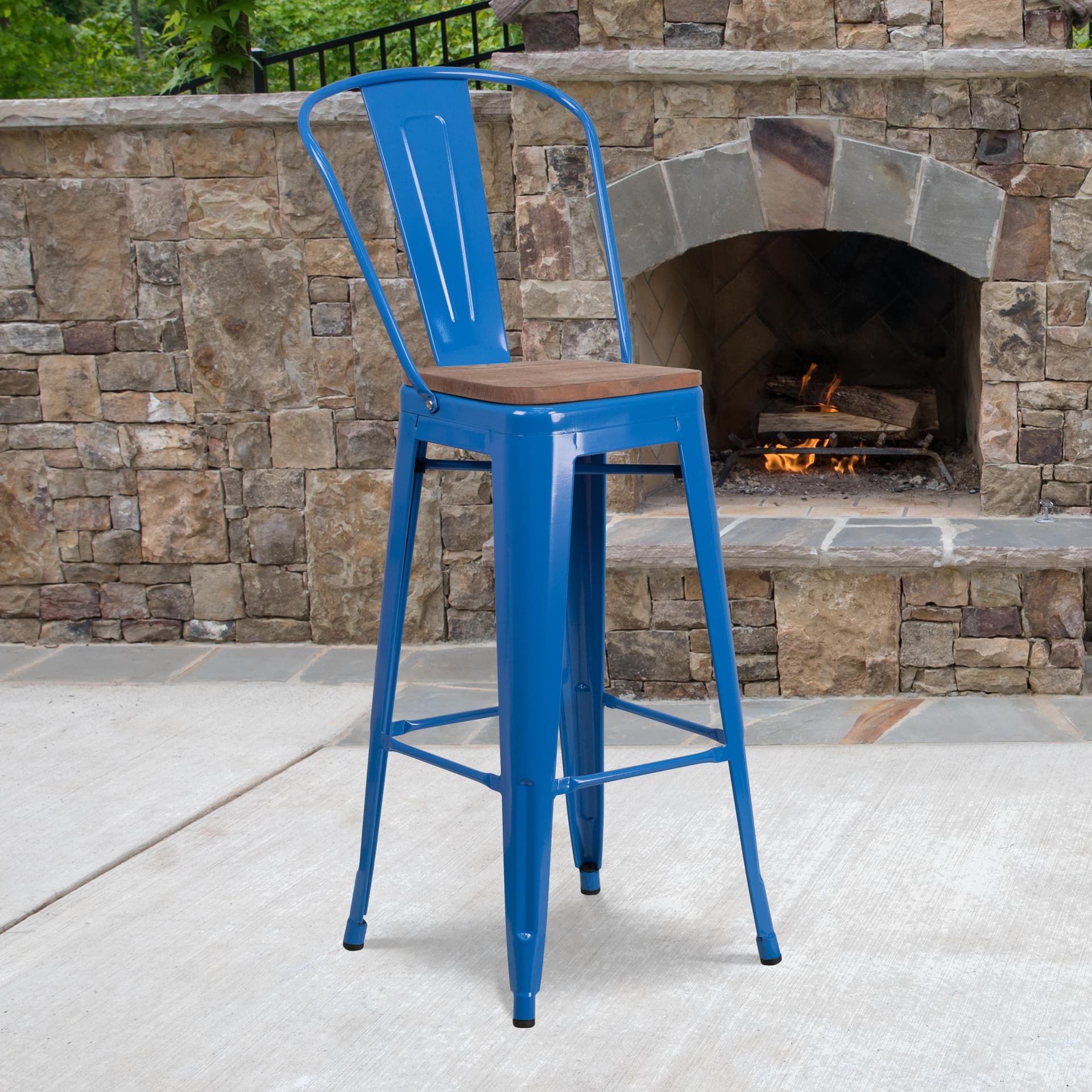 30" High Blue Metal Barstool with Back and Wood Seat - Kitchen Furniture