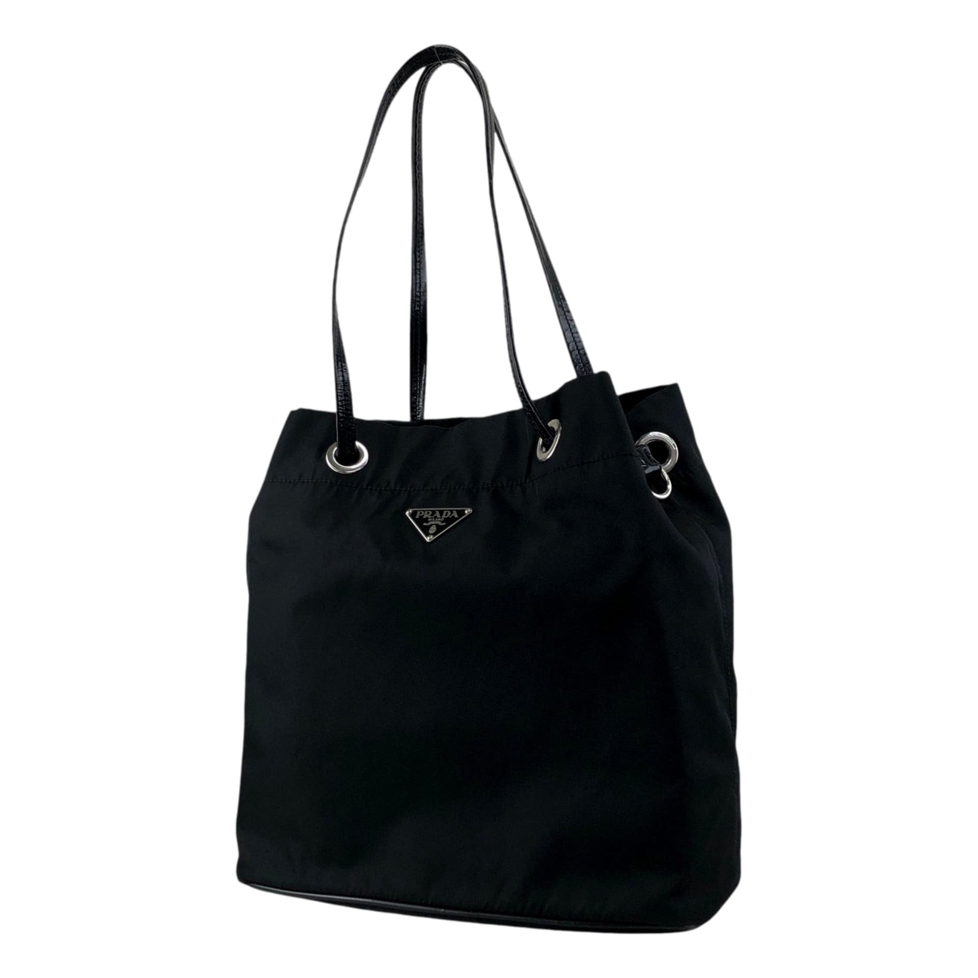 Prada Vintage Tessuto Triangle Logo Drawstring Handbag Totebag Black