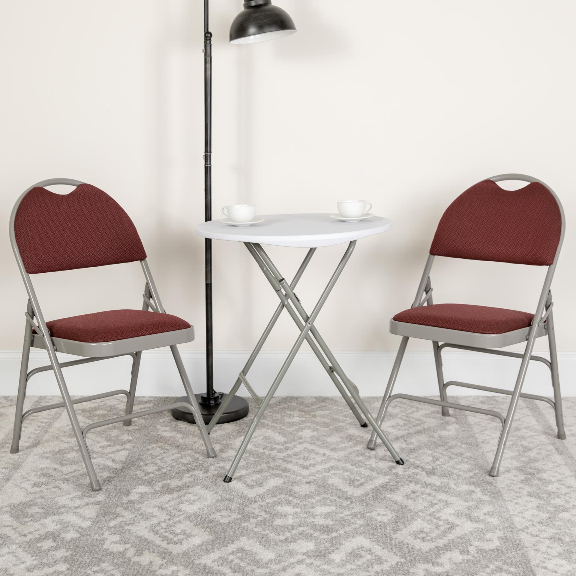 2 Pack Ultra-Triple Braced Burgundy Fabric Folding Chair - Easy-Carry Handle