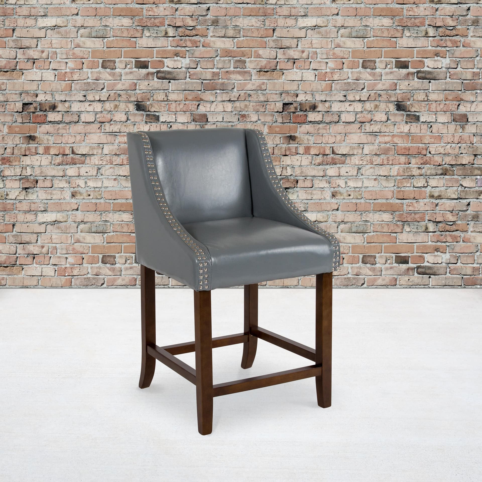 24" High Walnut Counter Height Stool with Lt Gray LeatherSoft Accent Nail Trim