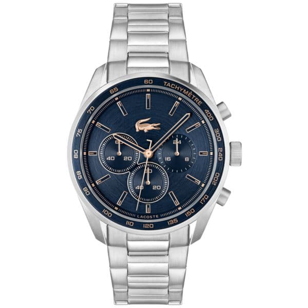 Men's Boston Chronograph Silver-Tone Stainless Steel Watch Navy Dial