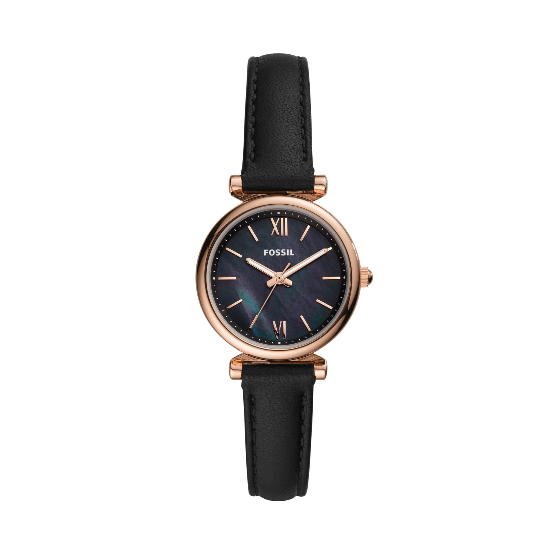 Ladies Carlie Mini Rose Gold & Black Leather Strap Watch Black Dial