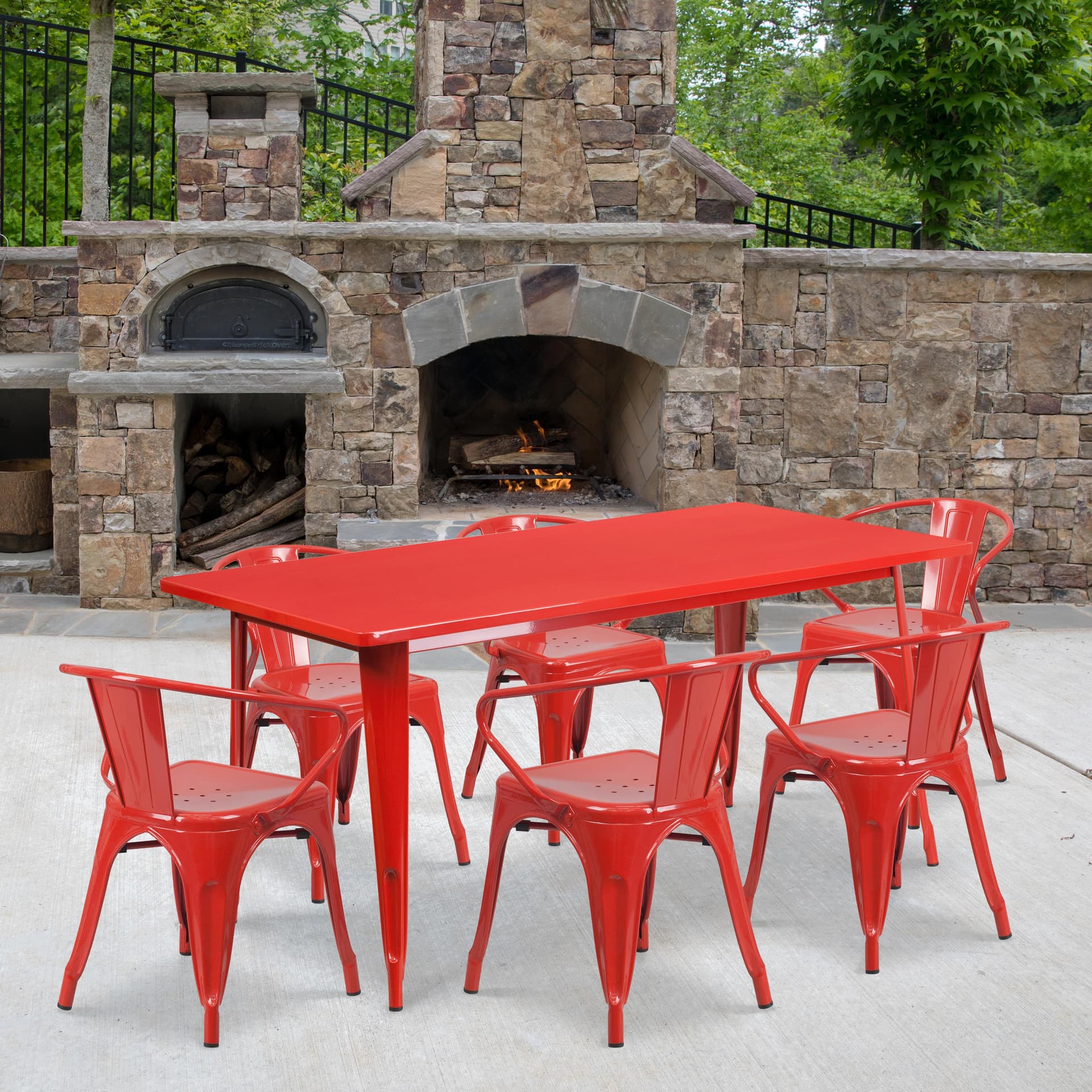 31.5" x 63" Rectangular Red Metal Indoor-Outdoor Table Set with 6 Arm Chairs