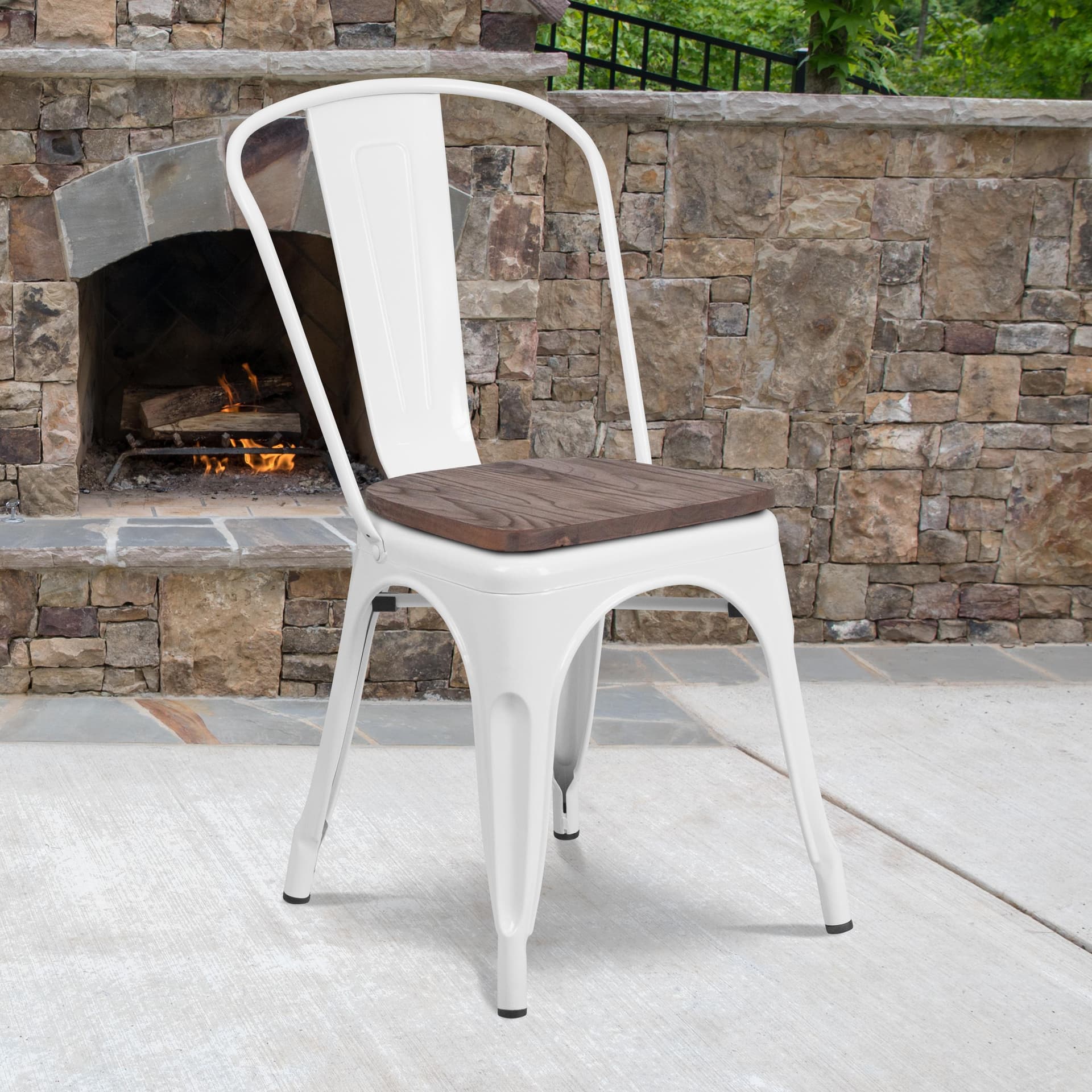White Metal Stackable Chair with Wood Seat - Restaurant Chair - Bistro Chair