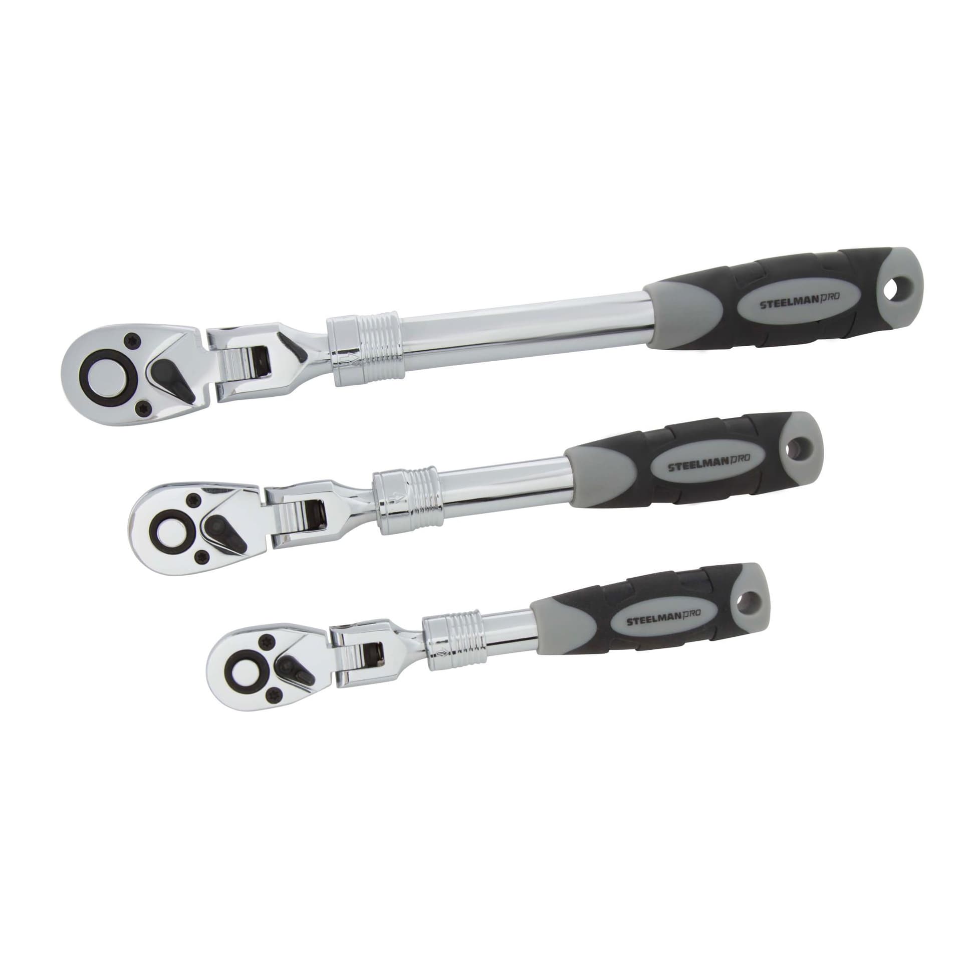 Steelman 3pc 72-Tooth Extendable Flex-head Ratchet Set- 1/4, 3/8, and 1/2" Drives