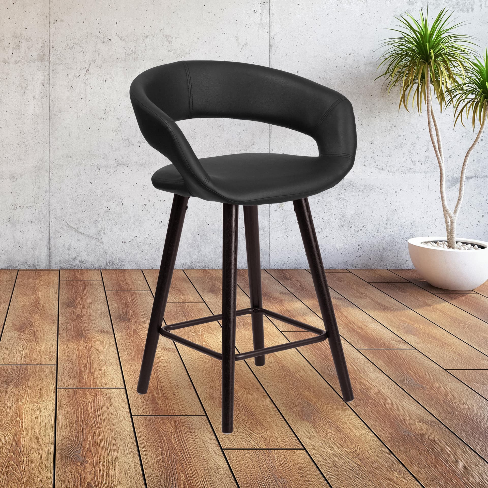 24" High Cappuccino Wood Rounded Open Back Counter Height Stool in Black Vinyl