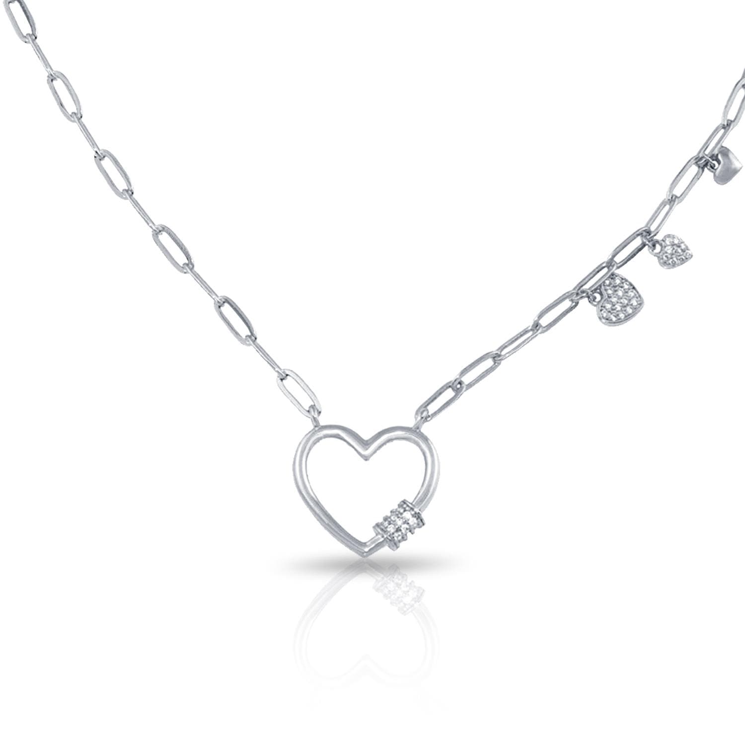 PARIKHS Rhodium Plated Heart CZ Paperclip Necklace in 925 Sterling Silver