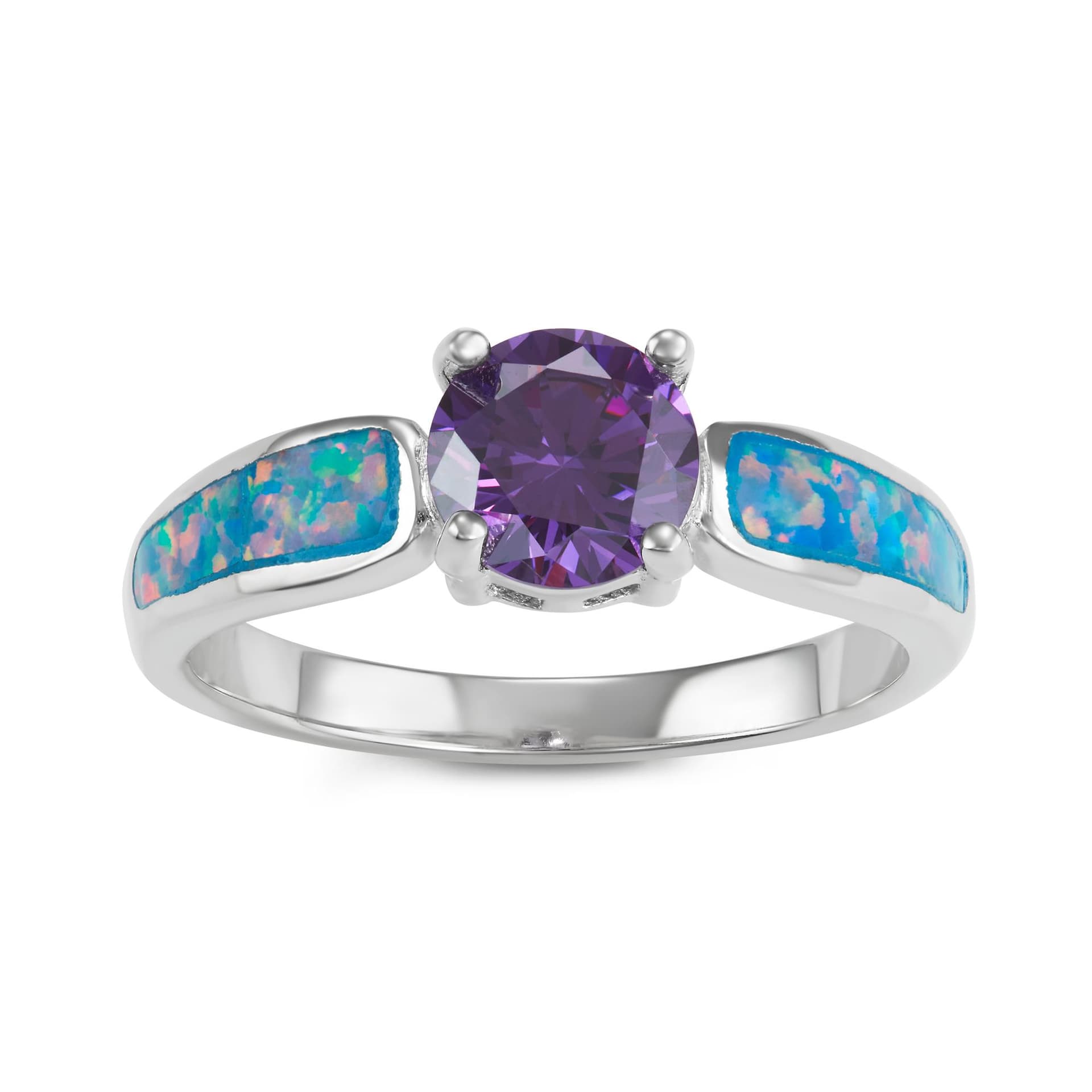 Sterling Silver, Blue Green Fire Inlay Opal & Amethyst Cubic Zirconia Ring, Size 8