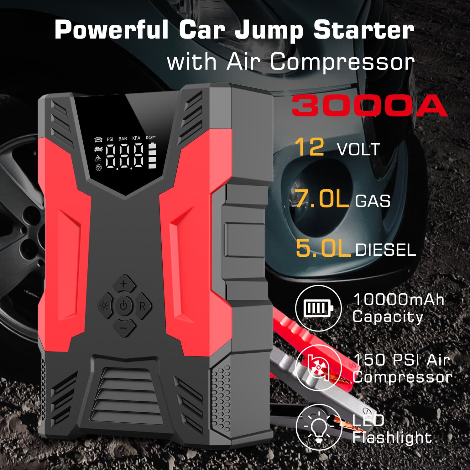 Car Jump Starter with Air Compressor and Hose, Up to 7.0L Gas/5.0L Diesel Vehicles, LED Flashlight, Power Bank, 10,000 mAh Capacity