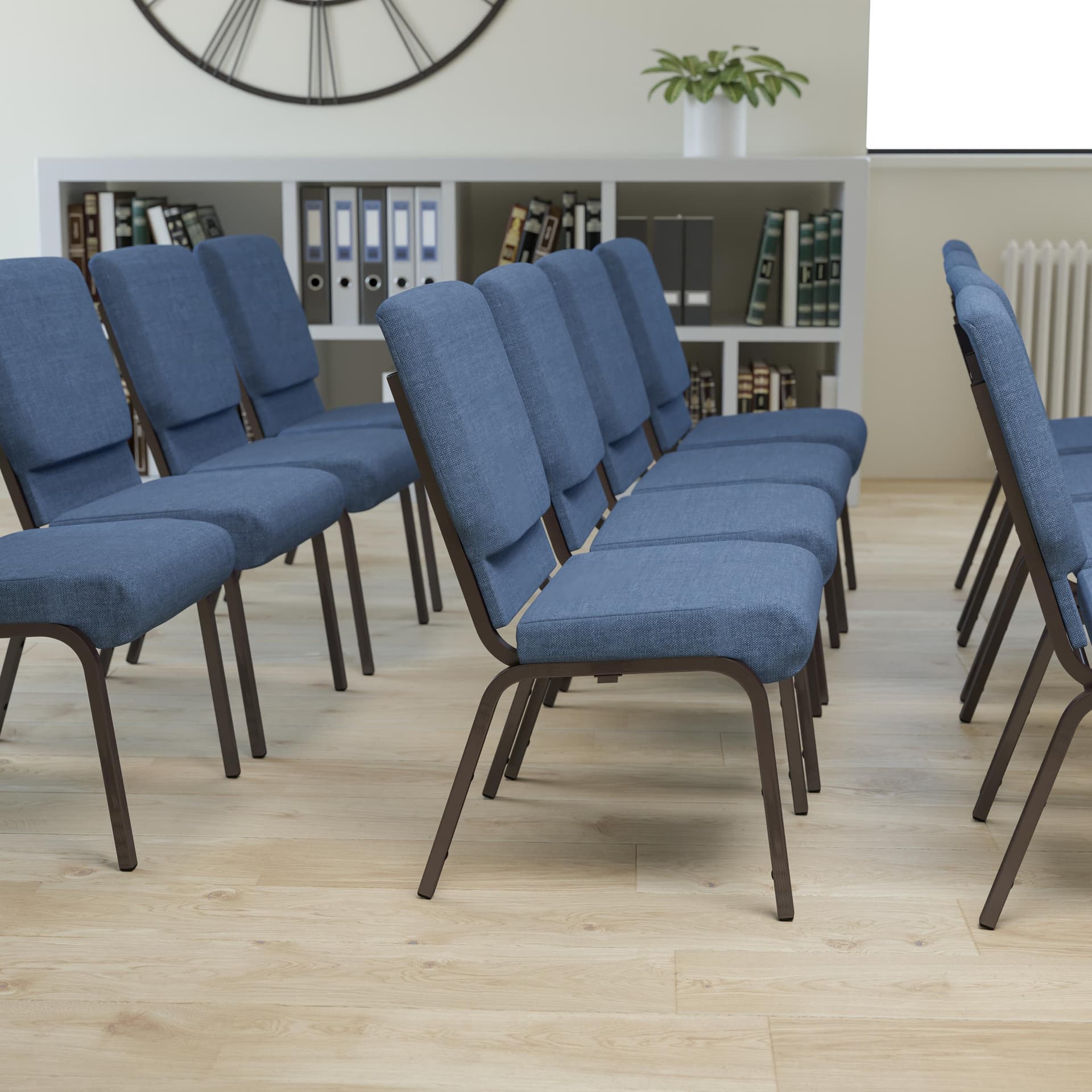 18.5"W Stacking Church Chair in Blue Fabric - Gold Vein Frame