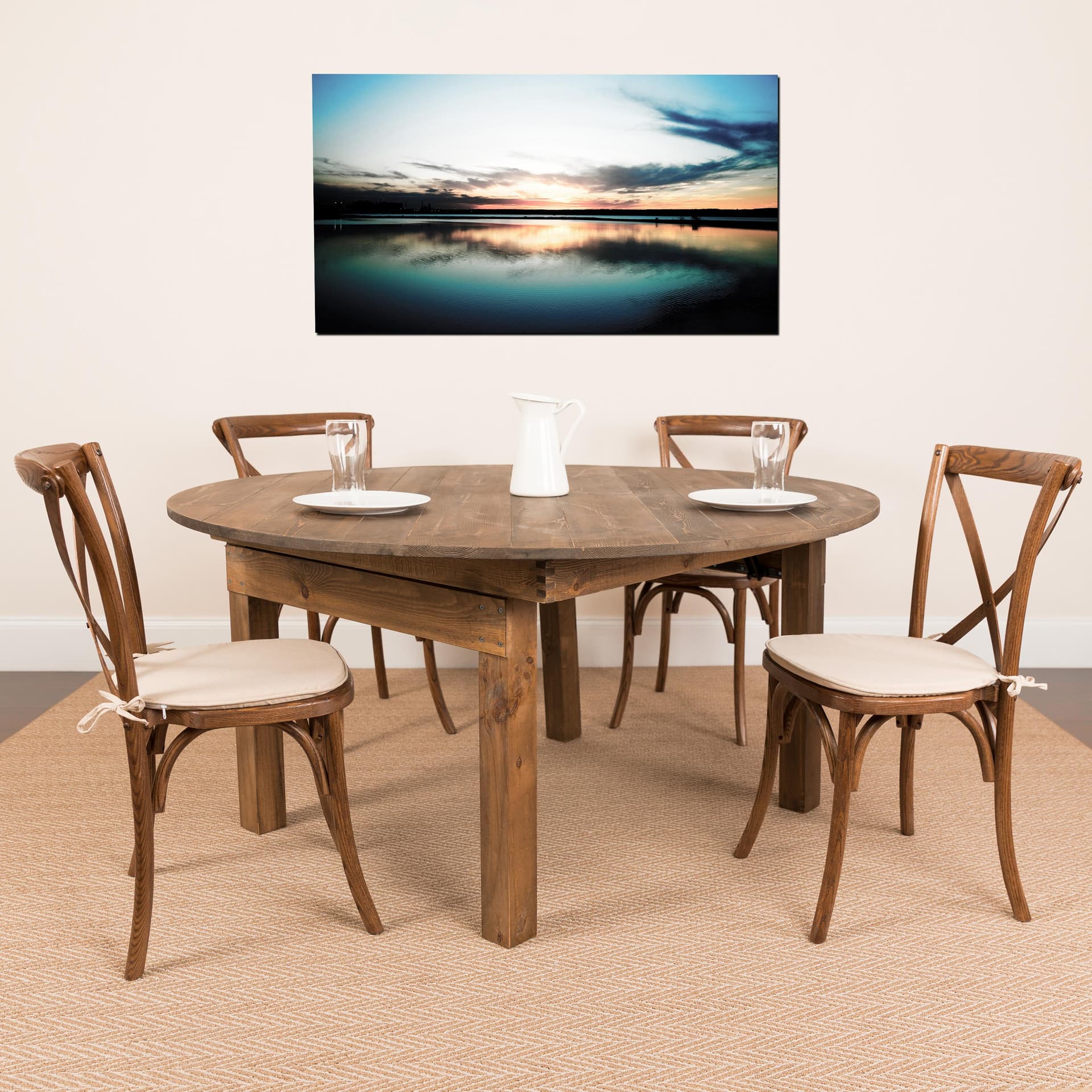 60" Round Antique Rustic Solid Pine Folding Farm Dining Table