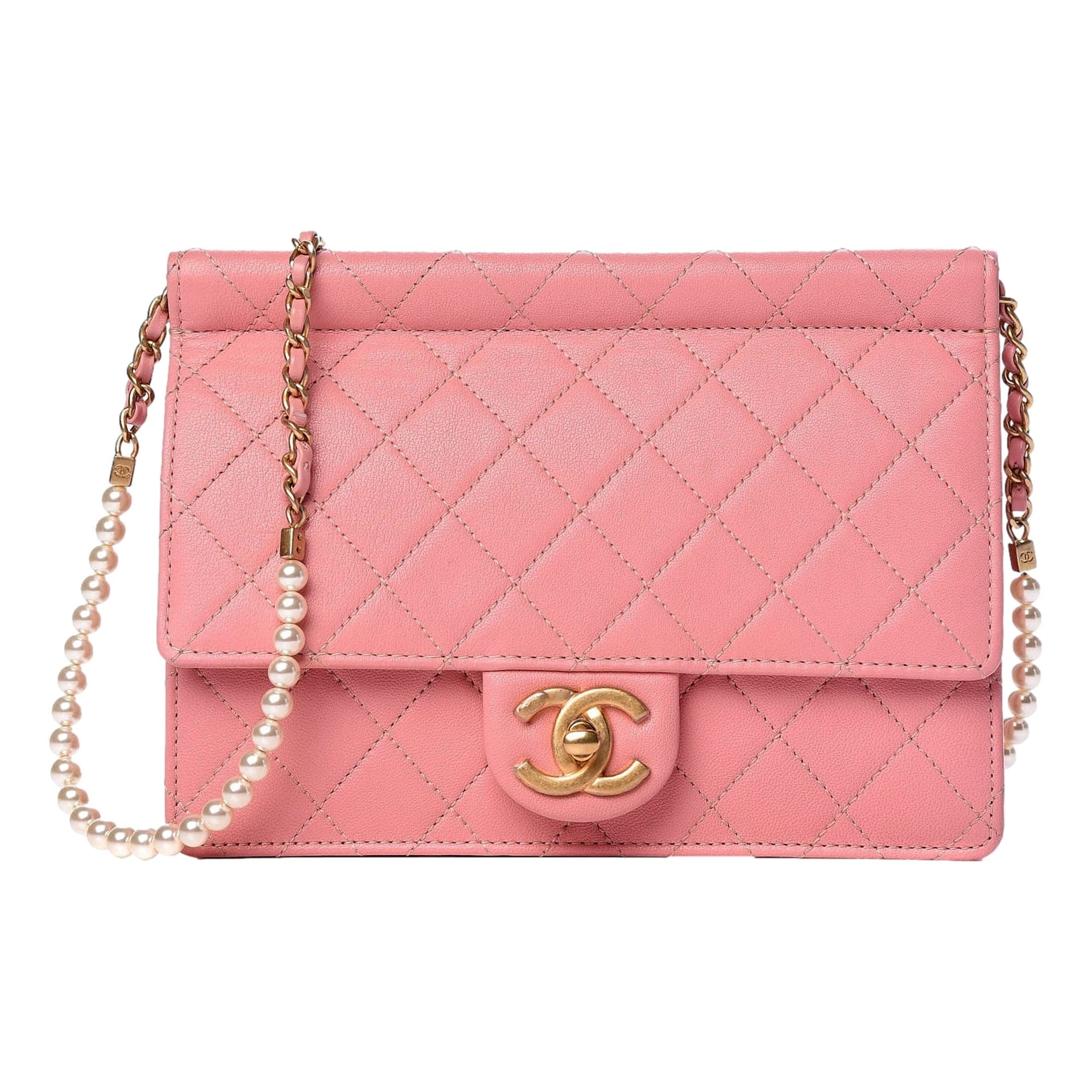 Chanel Pink Quilted Lambksin Pearl Chain Crossbody Handbag