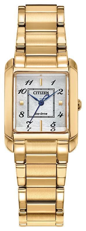 Ladies' Bianca Eco-Drive Gold-Tone SS Rectangle Watch Mother-of-Pearl Dial