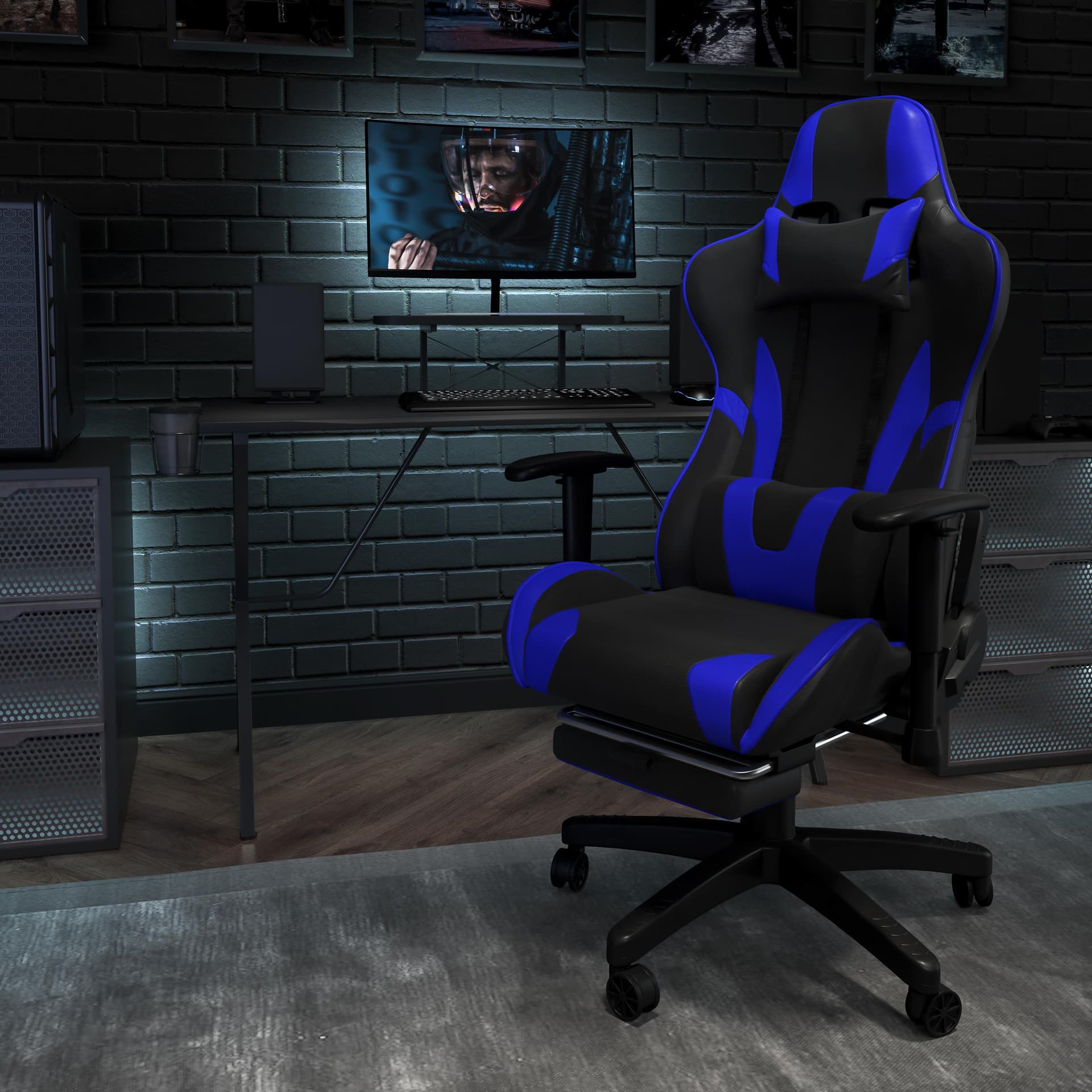 Racing Gaming Ergonomic Chair with Fully Reclining Back in Blue LeatherSoft