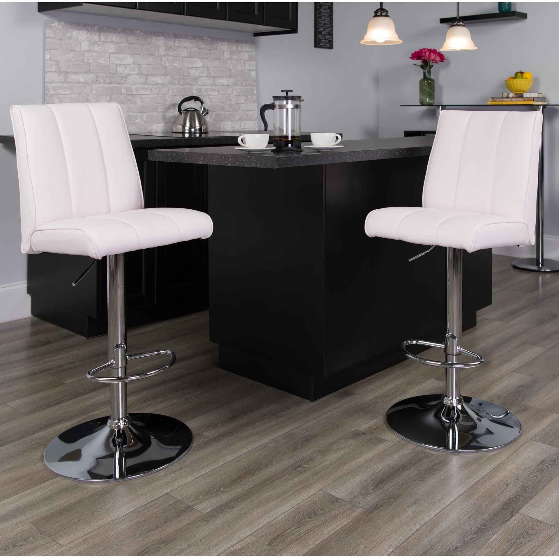 White Vinyl Adjustable Height Barstool with Panel Back and Chrome Base