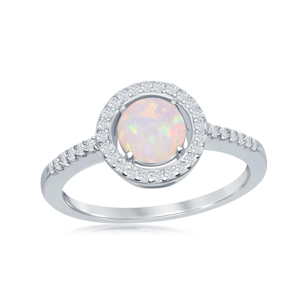 Sterling Silver Round White Opal w/ Cubic Zirconia Halo Ring. Size 7